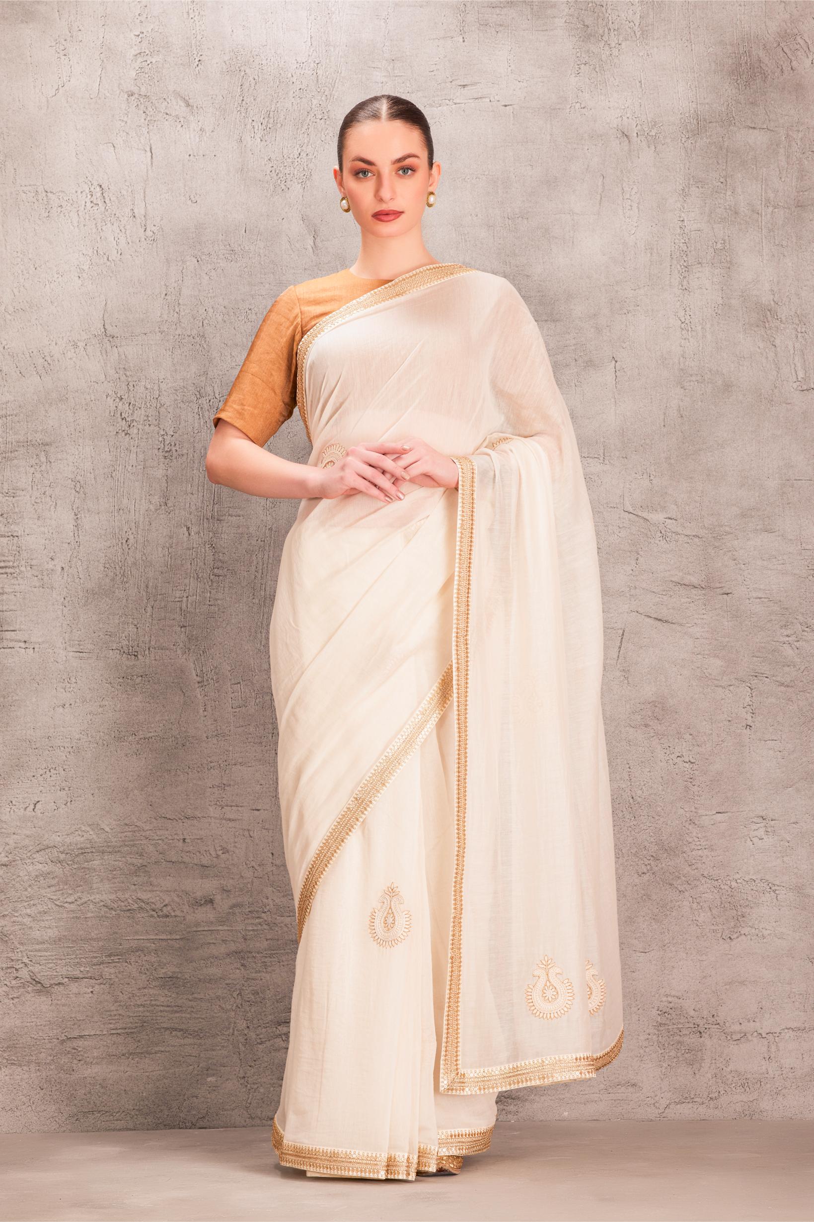 White Chanderi Brown Saree Comes with Brown Tissue Slik Blouse Stitched & Organic Cotton Stitched Petticoat (3 Pcs)