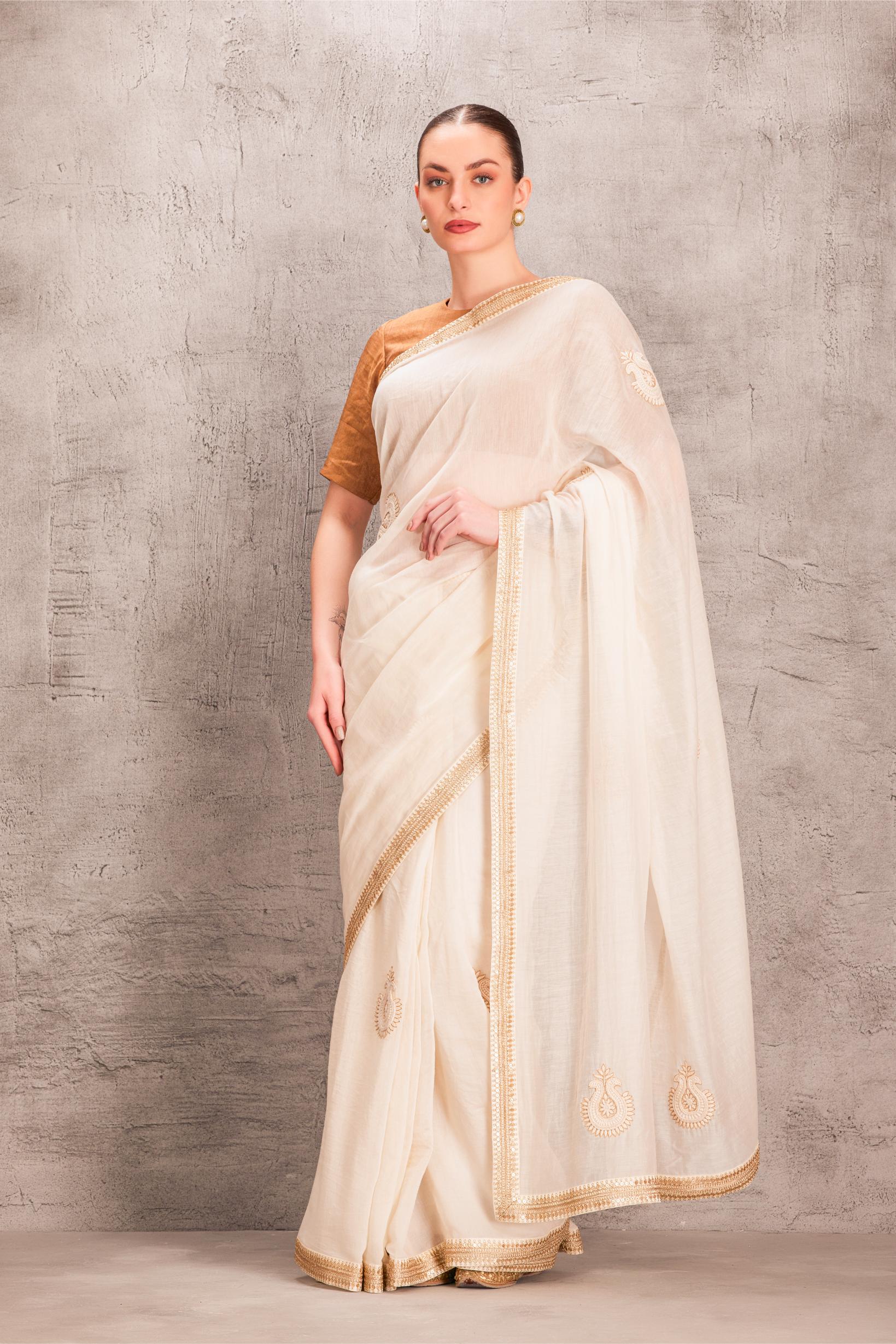 White Chanderi Saree Comes with Brown Tissue Silk Blouse Stitched & Organic Cotton Stitched Petticoat (3 Pcs)