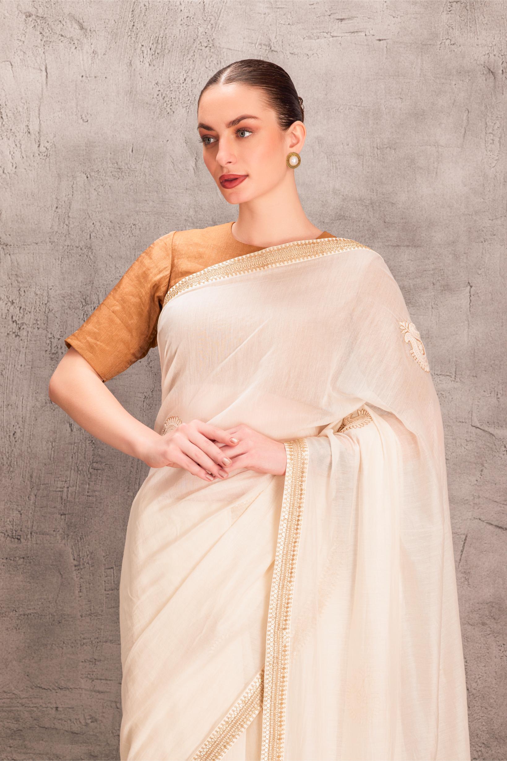 White Chanderi Brown Saree Comes with Brown Tissue Slik Blouse Stitched & Organic Cotton Stitched Petticoat (3 Pcs)