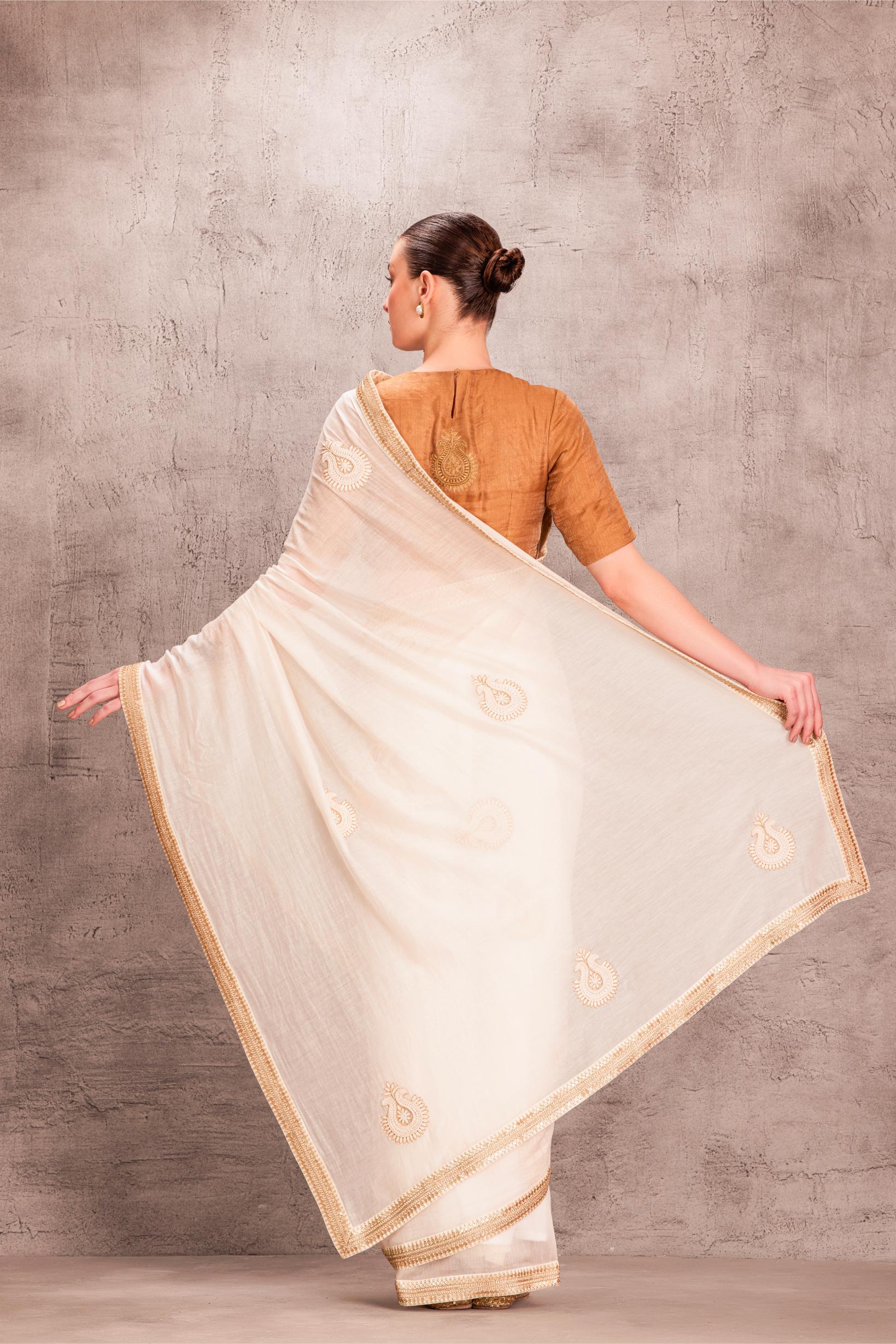 White Chanderi Brown Saree Comes with Brown Tissue Slik Blouse Stitched & Organic Cotton Stitched Petticoat (3 Pcs)