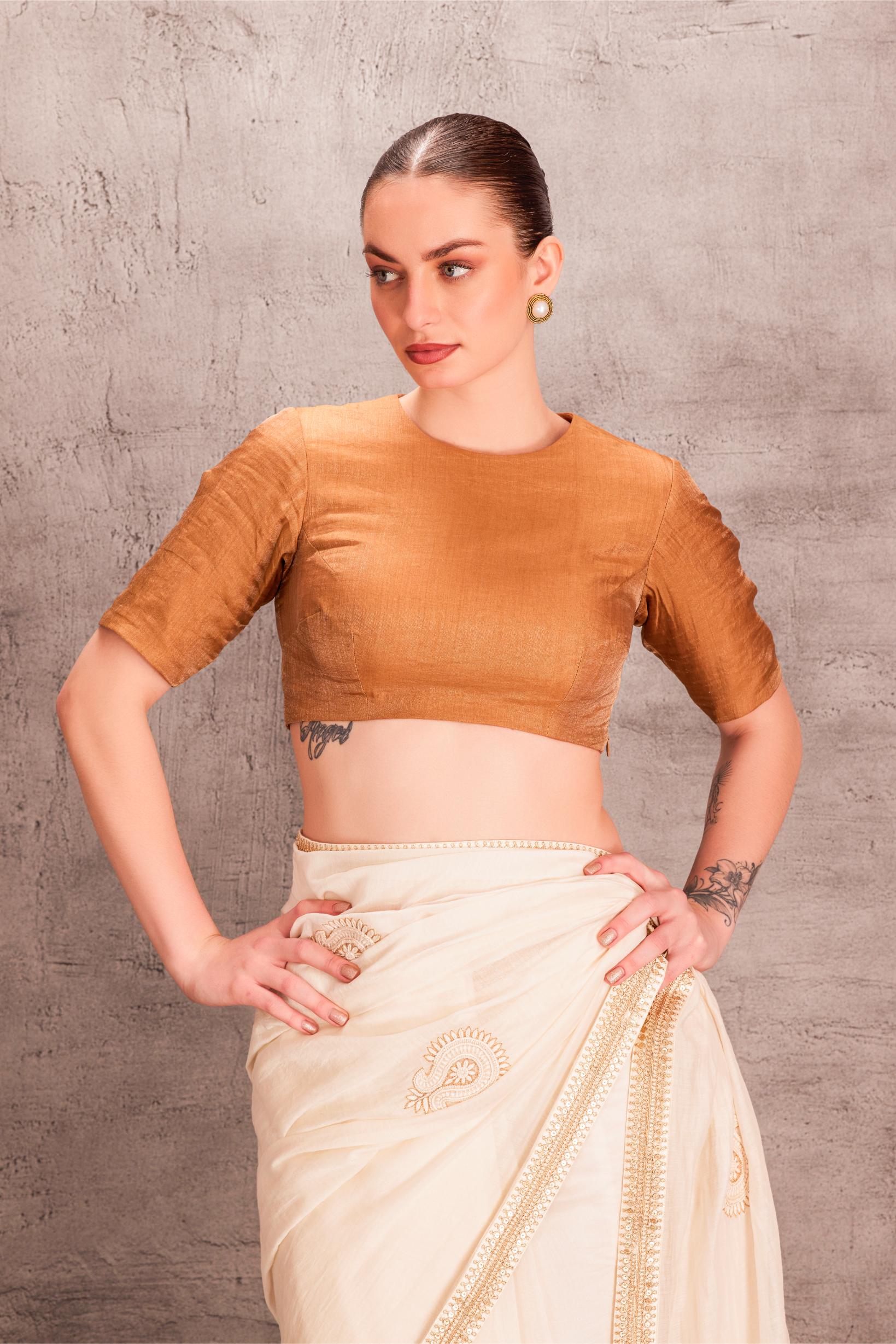 White Chanderi Brown Saree Comes with Brown Tissue Slik Blouse Stitched & Organic Cotton Stitched Petticoat (3 Pcs)