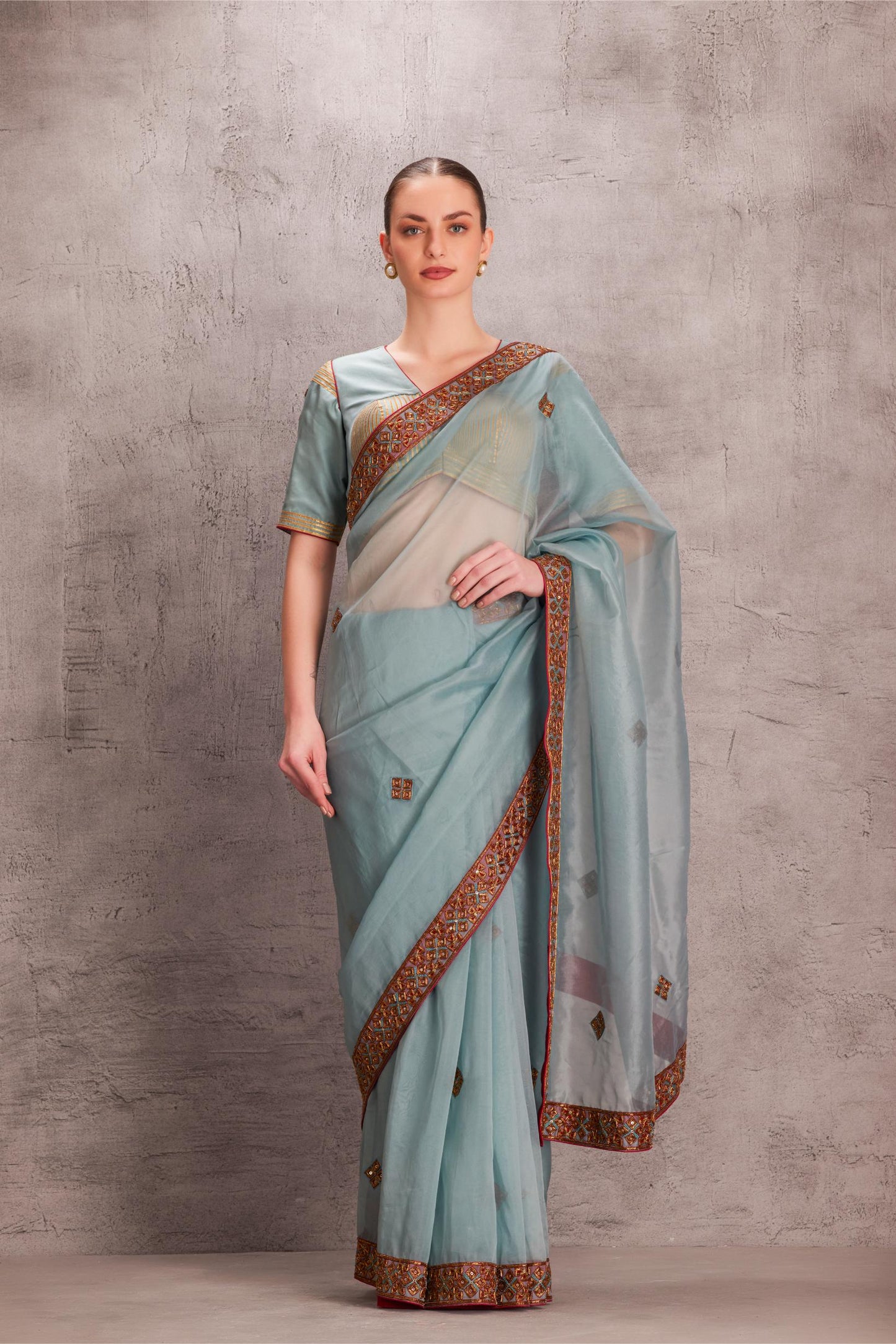 Sky Blue Saree Comes With Satin Silk Stitched Embroidered Blouse & Organic Cotton Stitched Petticoat  (3 Pcs)