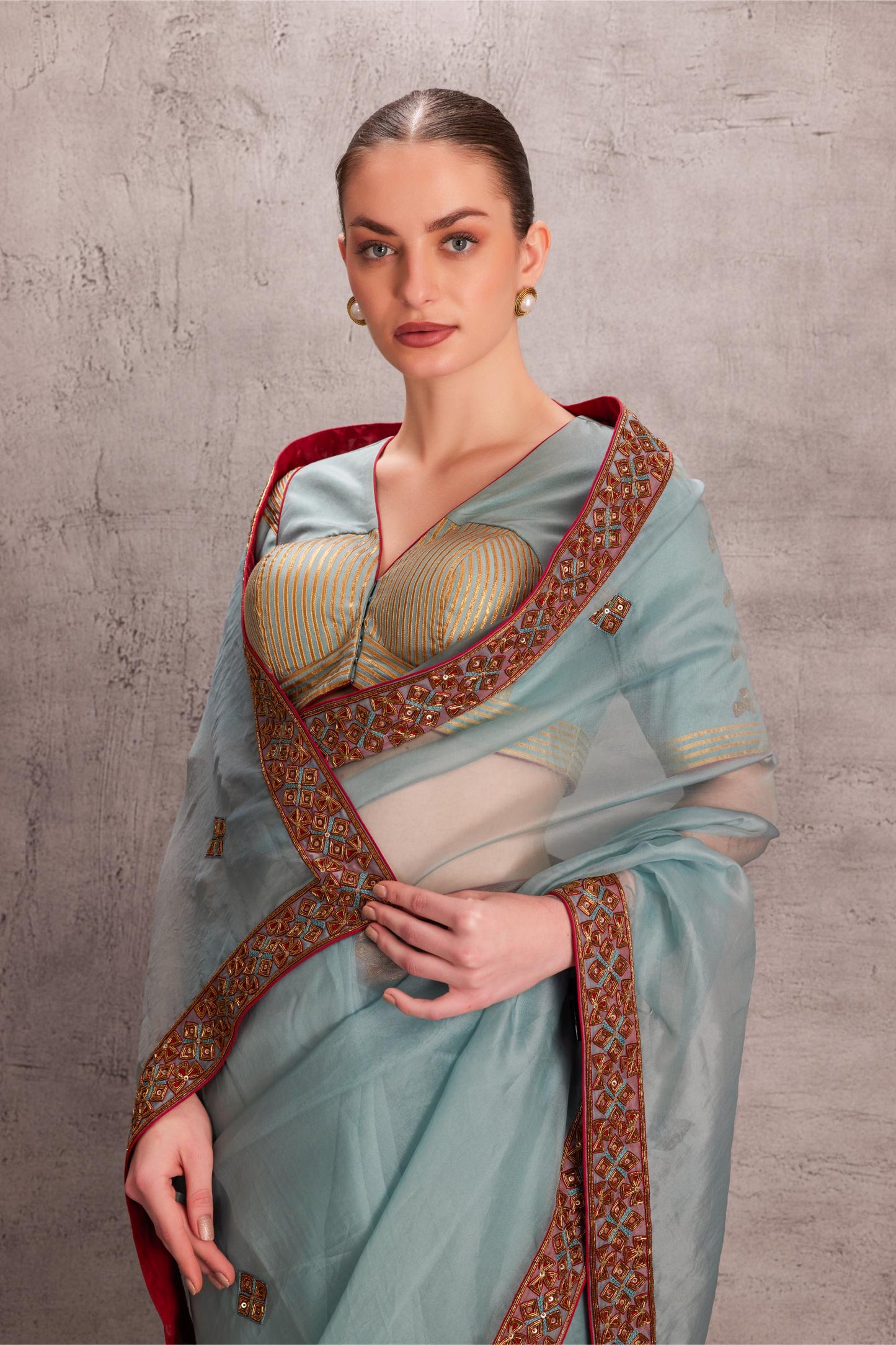 Sky Blue Saree Comes With Satin Silk Stitched Embroidered Blouse & Organic Cotton Stitched Petticoat  (3 Pcs)