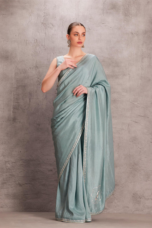 Sky Blue Pure Silk Saree Comes With Satin Silk Stitched Blouse & Organic Cotton Stitched Petticoat (3 Pcs)
