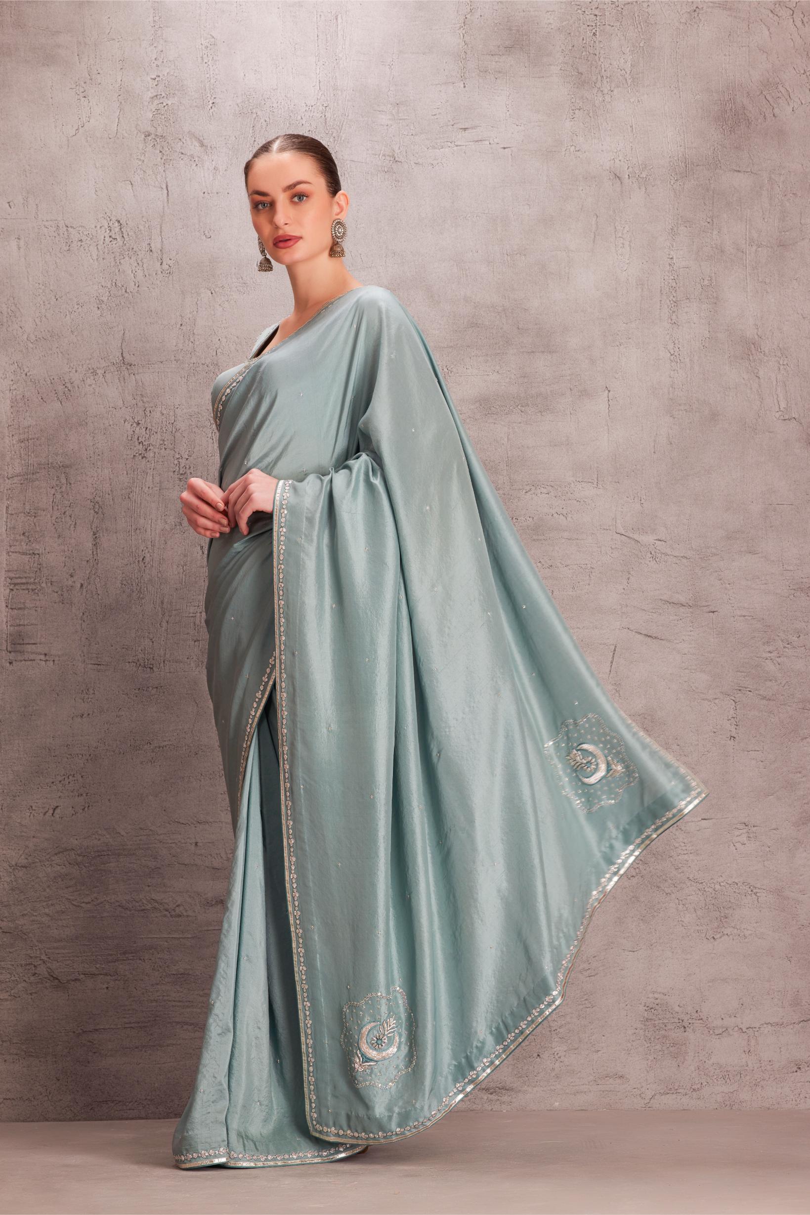 Sky Blue Pure Silk Saree Comes With Satin Silk Stitched Blouse & Organic Cotton Stitched Petticoat (3 Pcs)