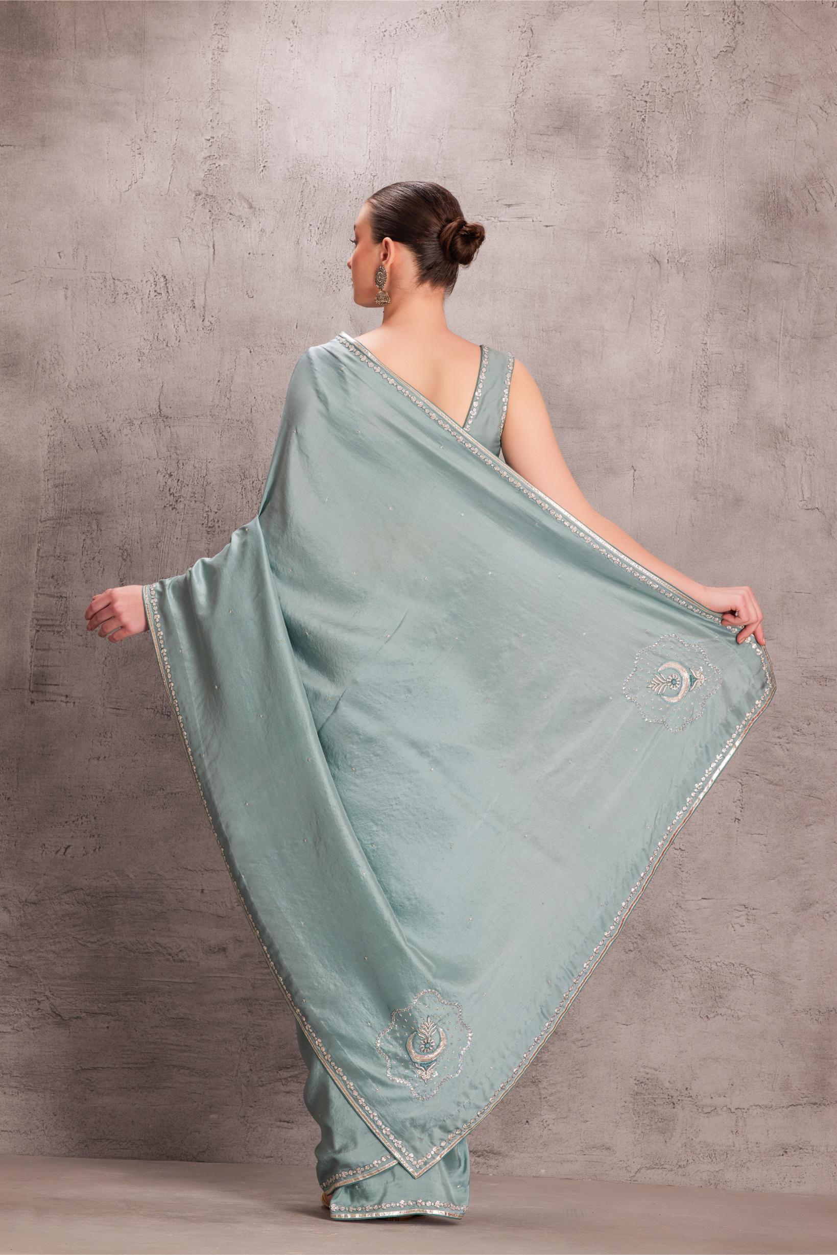 Sky Blue Pure Silk Saree Comes With Satin Silk Stitched Blouse & Organic Cotton Stitched Petticoat (3 Pcs)