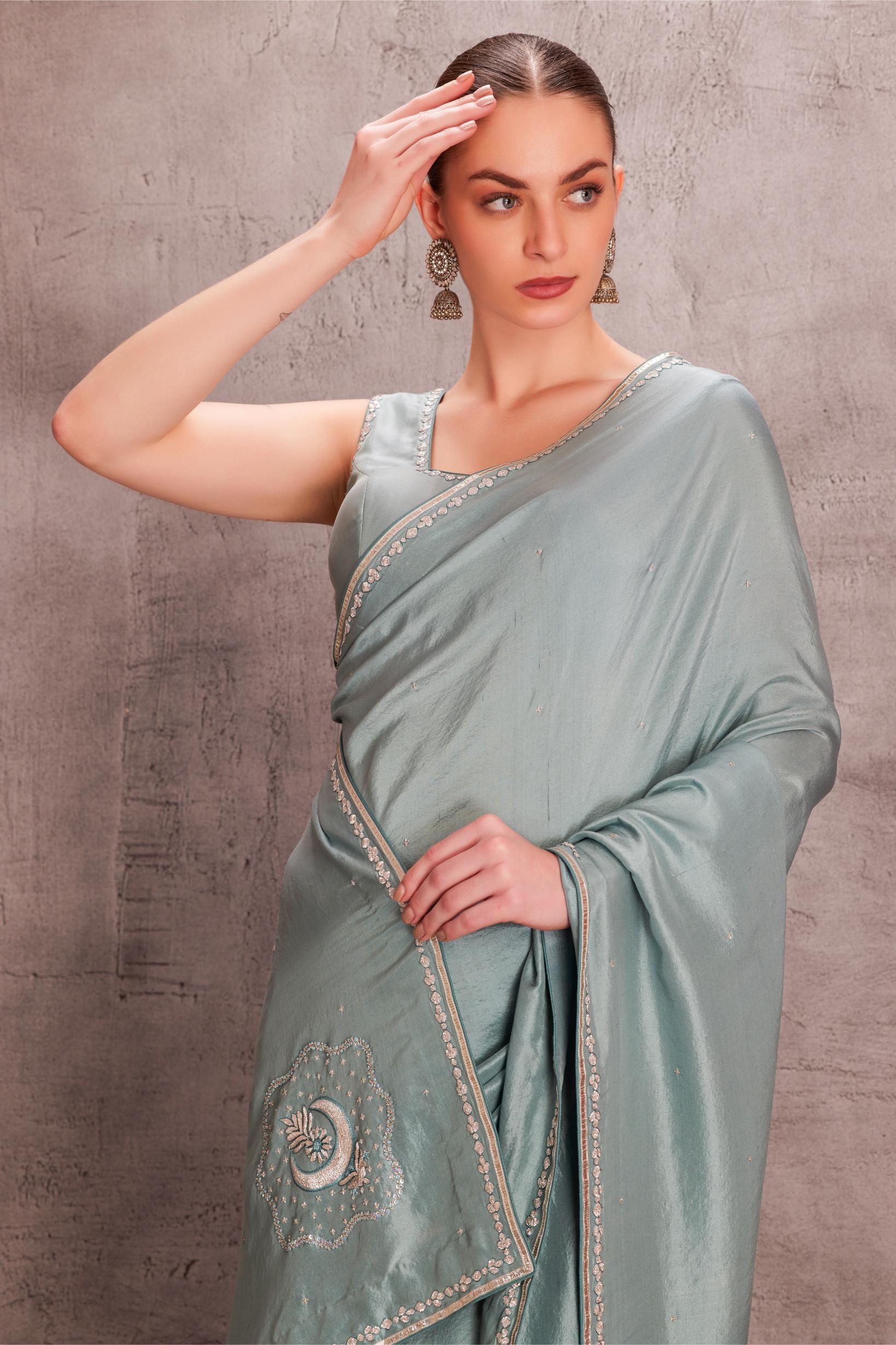 Sky Blue Pure Silk Saree Comes With Satin Silk Stitched Blouse & Organic Cotton Stitched Petticoat (3 Pcs)