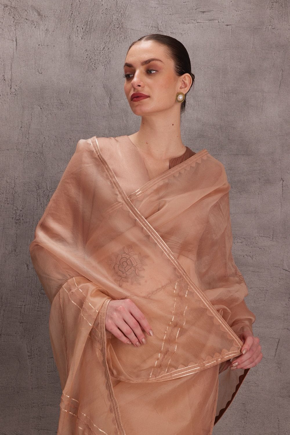 Rose Gold organza saree come with satin silk blouse  & Organic Cotton Stitched Petticoat