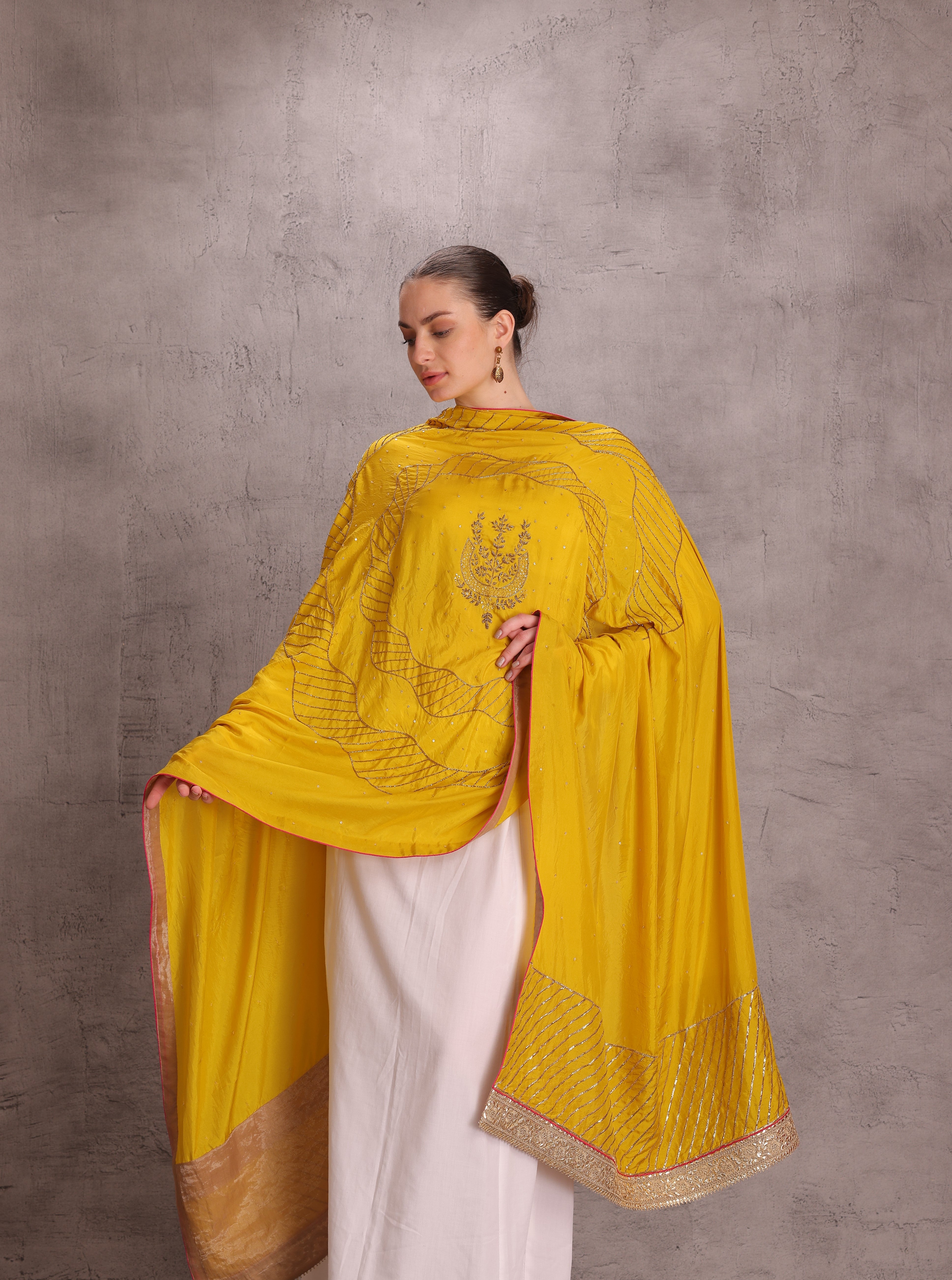 Yellow Silk Embroidered Dupatta