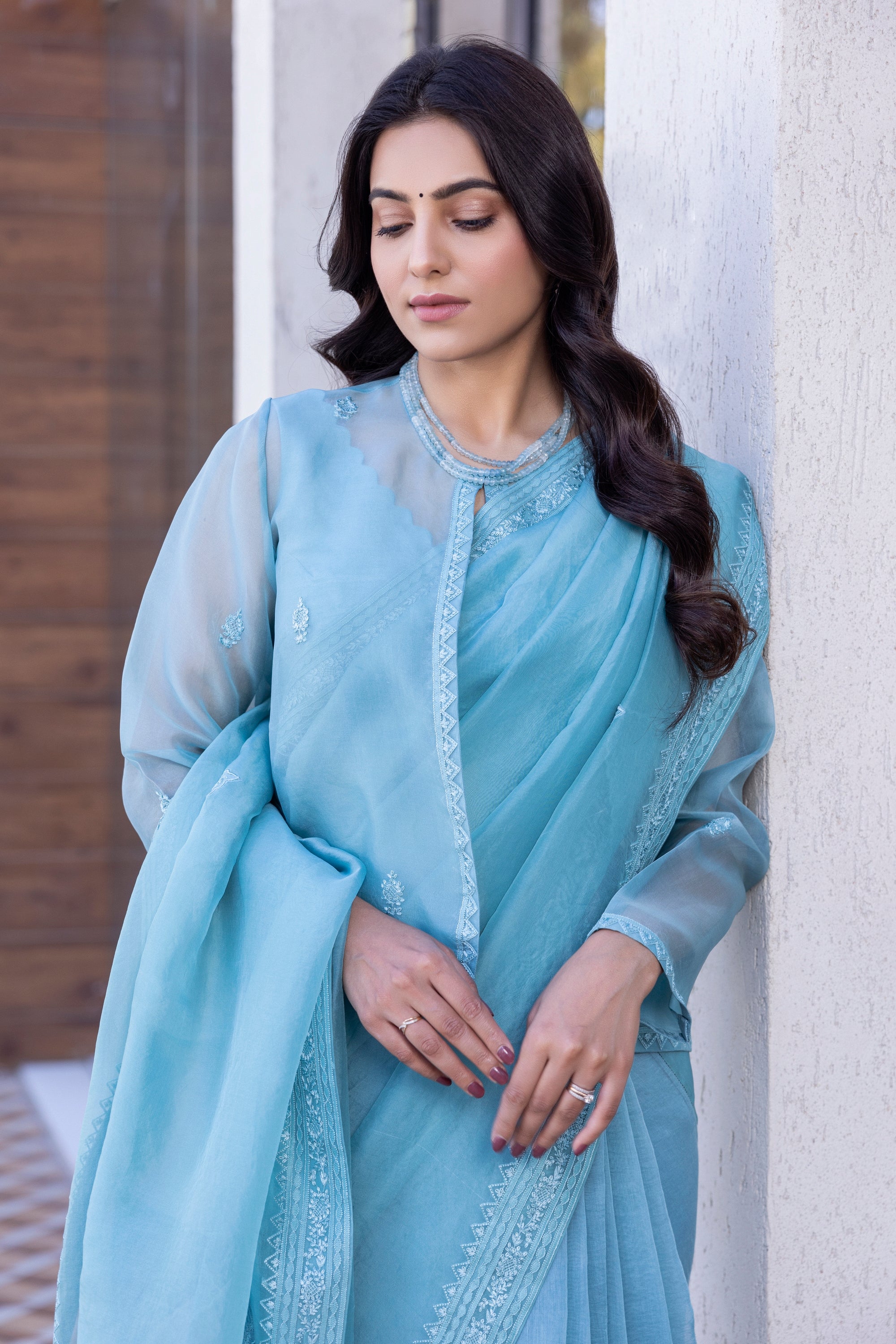 Sky blue chanderi embroidered  Saree Comes with  chanderi Stitched Blouse and organza embroidered short jacket& Organic Cotton Stitched Petticoat (4 Pcs)