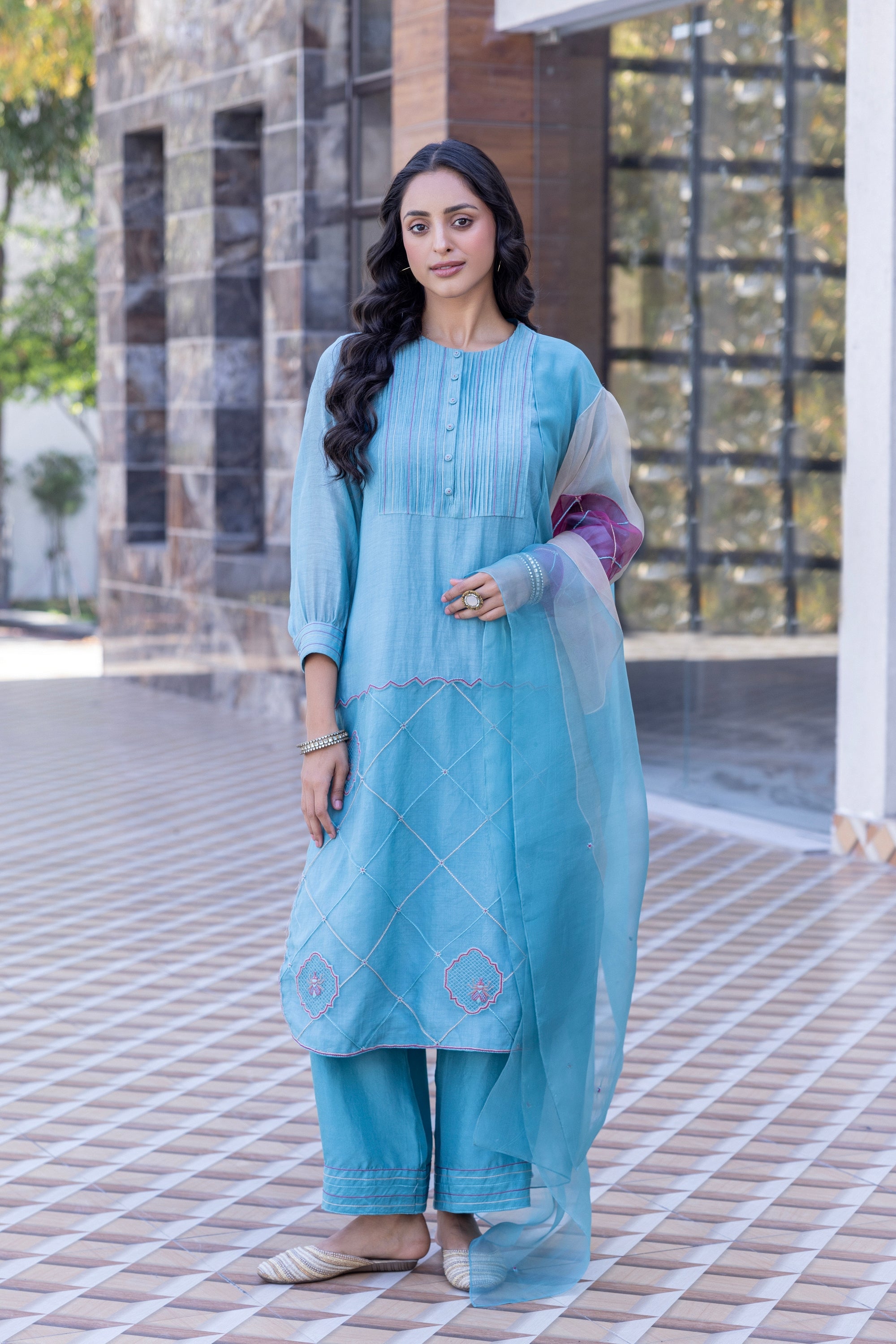 Sky Blue Chanderi Kurta Set