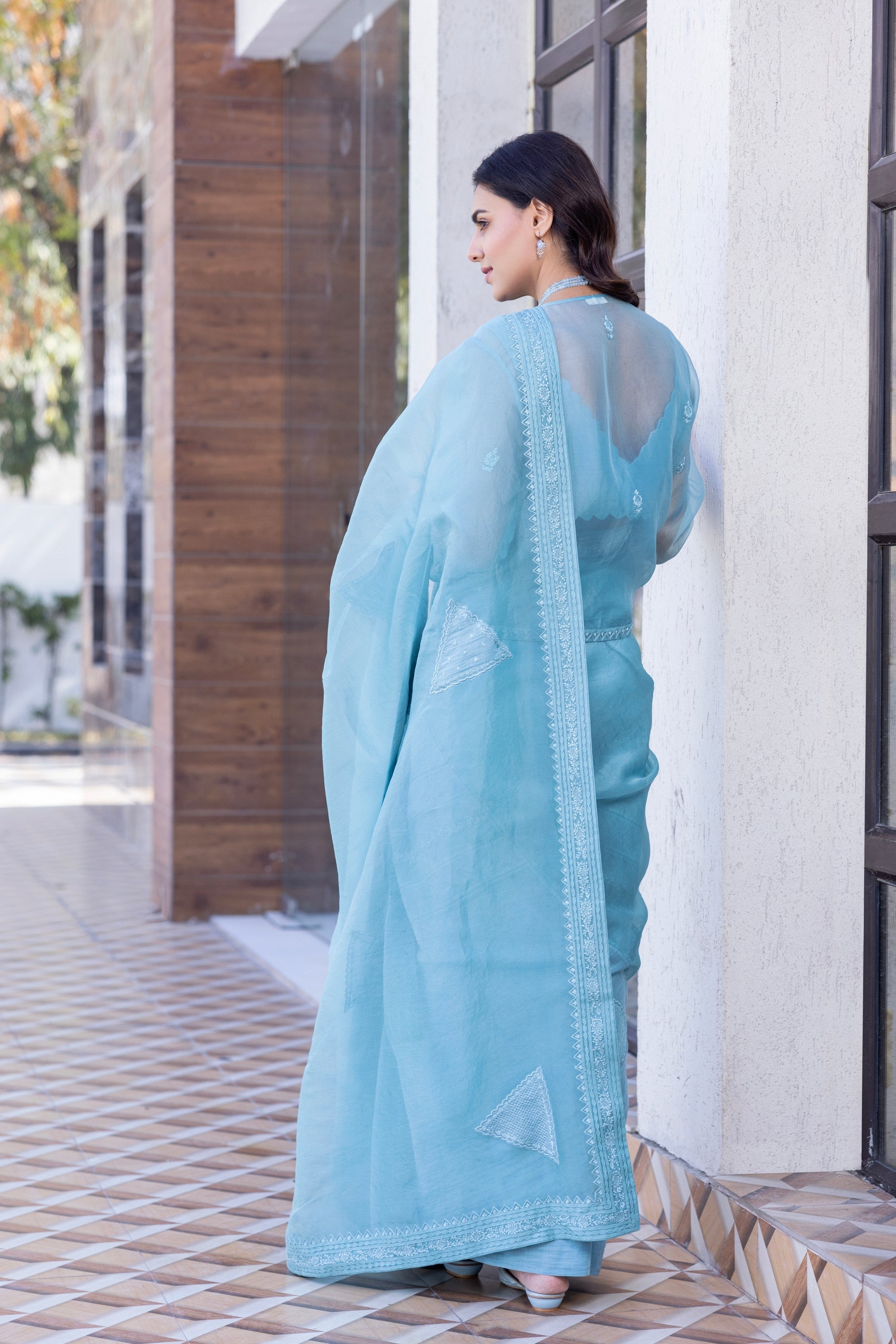 Sky blue chanderi embroidered  Saree Comes with  chanderi Stitched Blouse and organza embroidered short jacket& Organic Cotton Stitched Petticoat (4 Pcs)