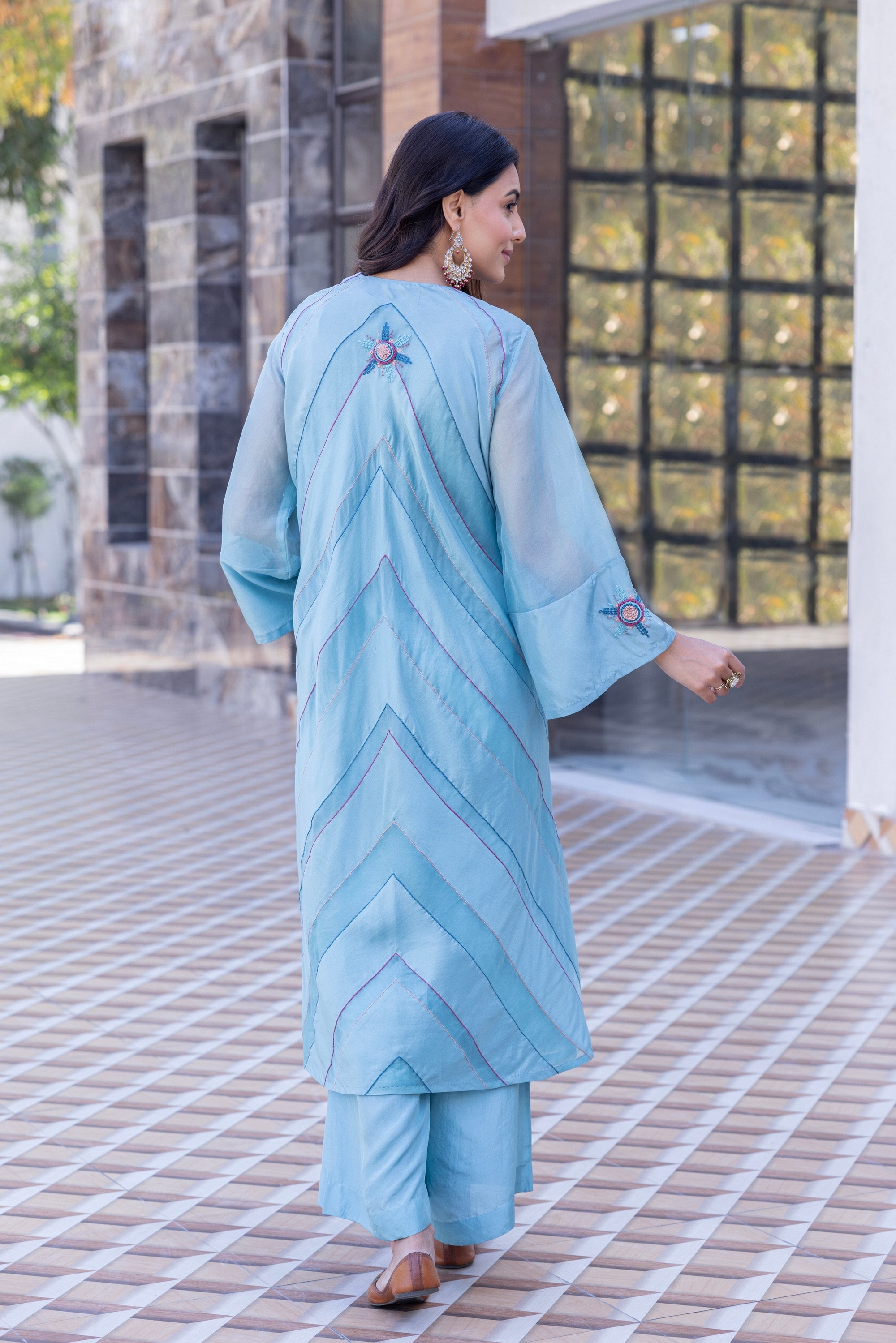 Sky Blue Organza Silk Kaftan Set