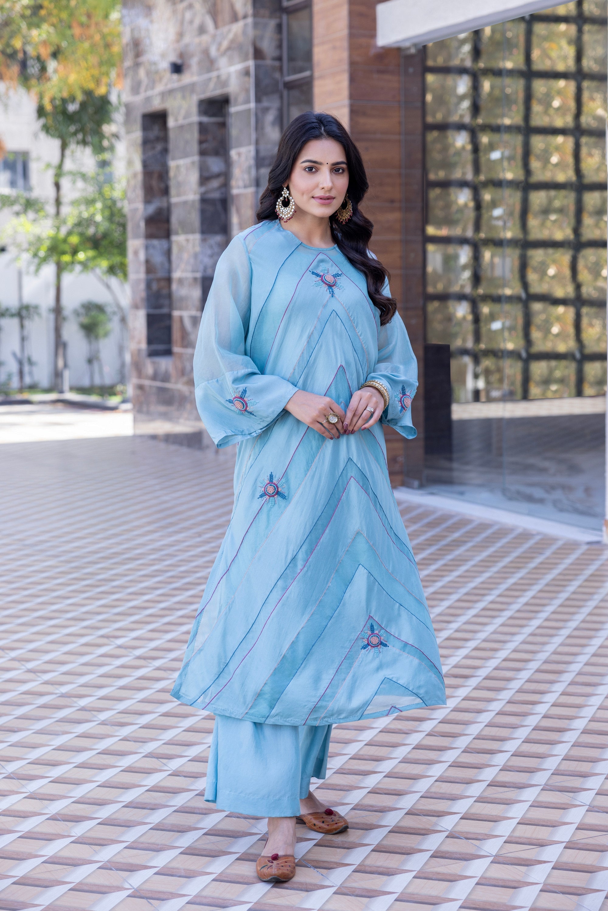 Sky Blue Organza Silk Kaftan Set