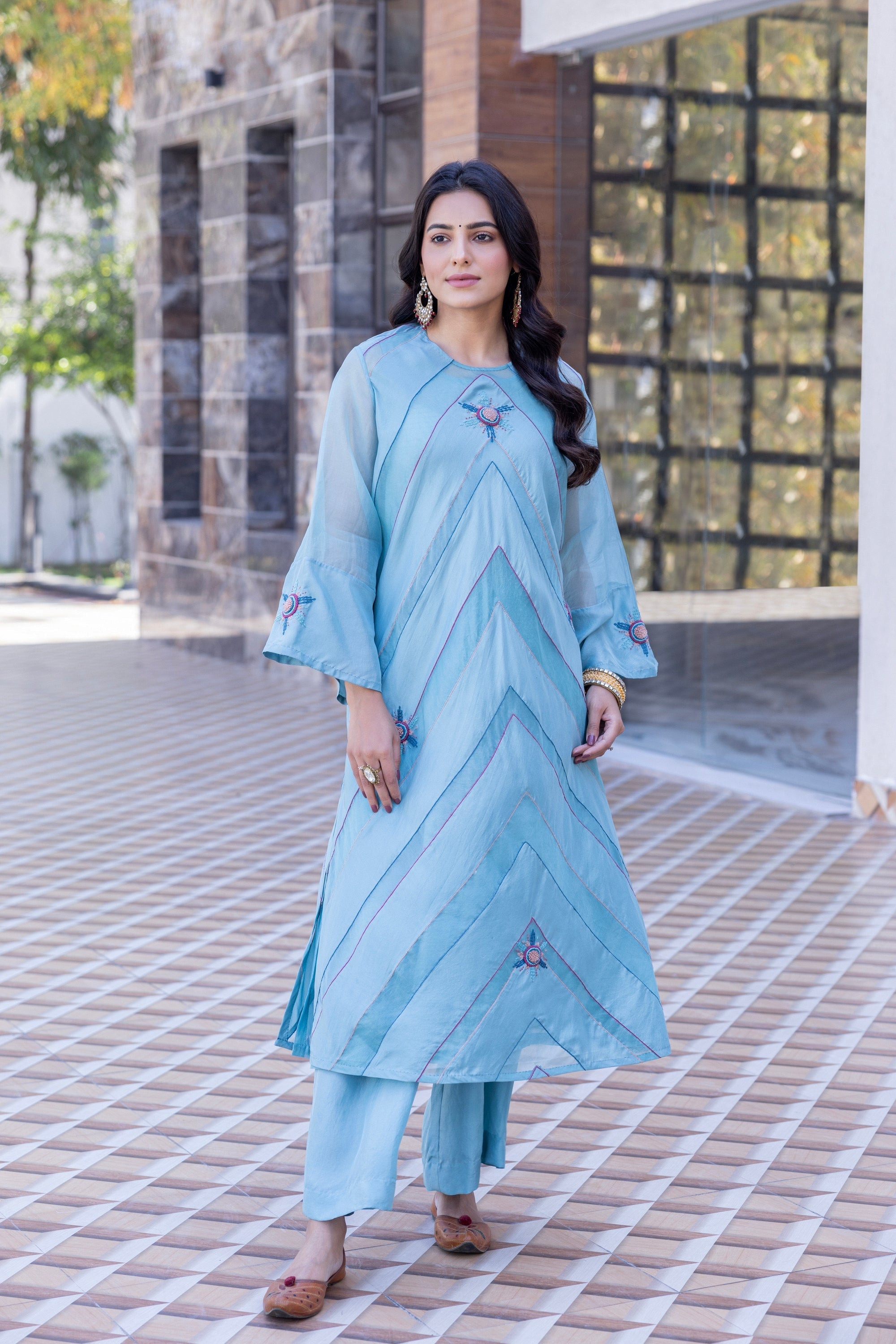 Sky Blue Organza Silk Kaftan Set