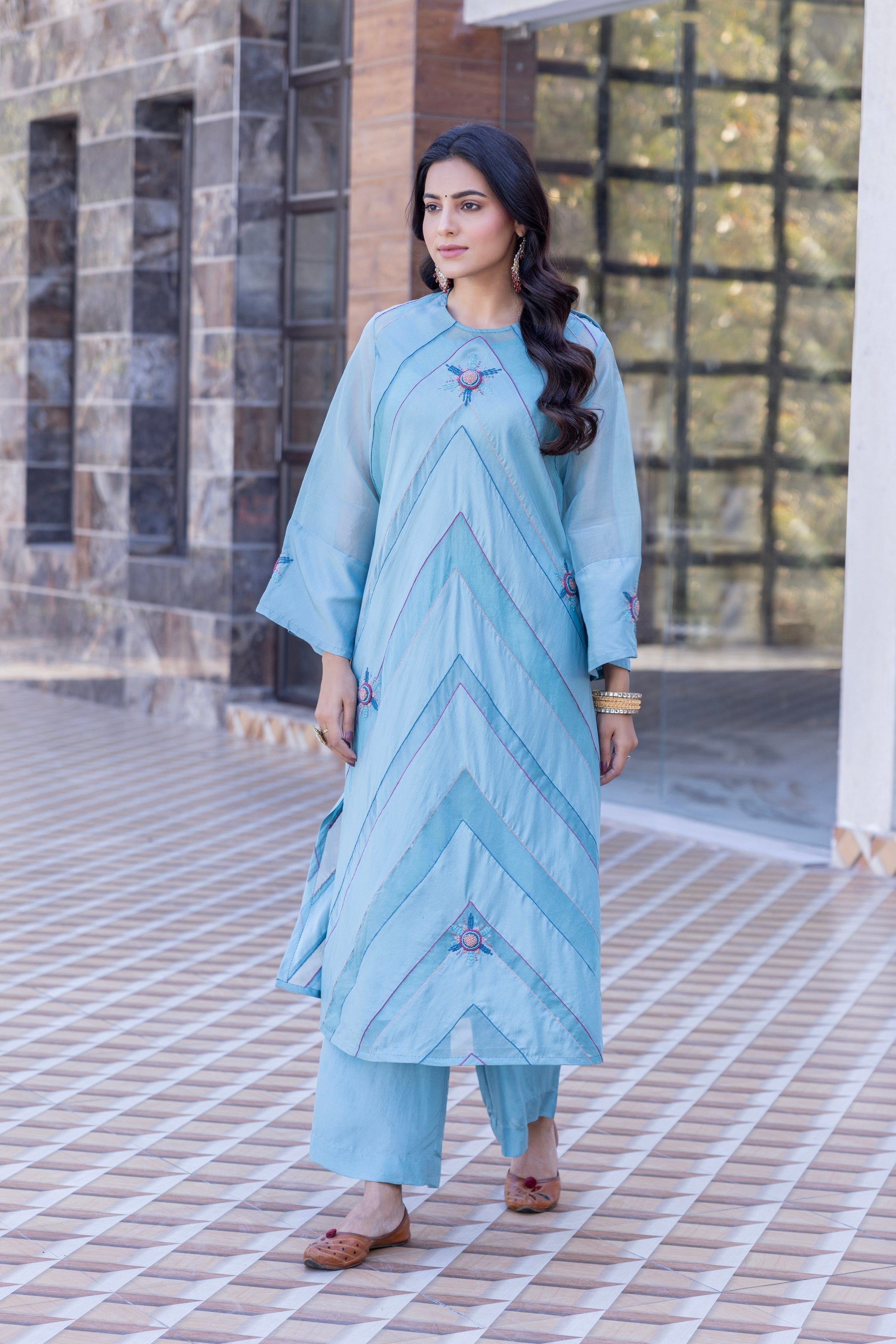 Sky Blue Organza Silk Kaftan Set