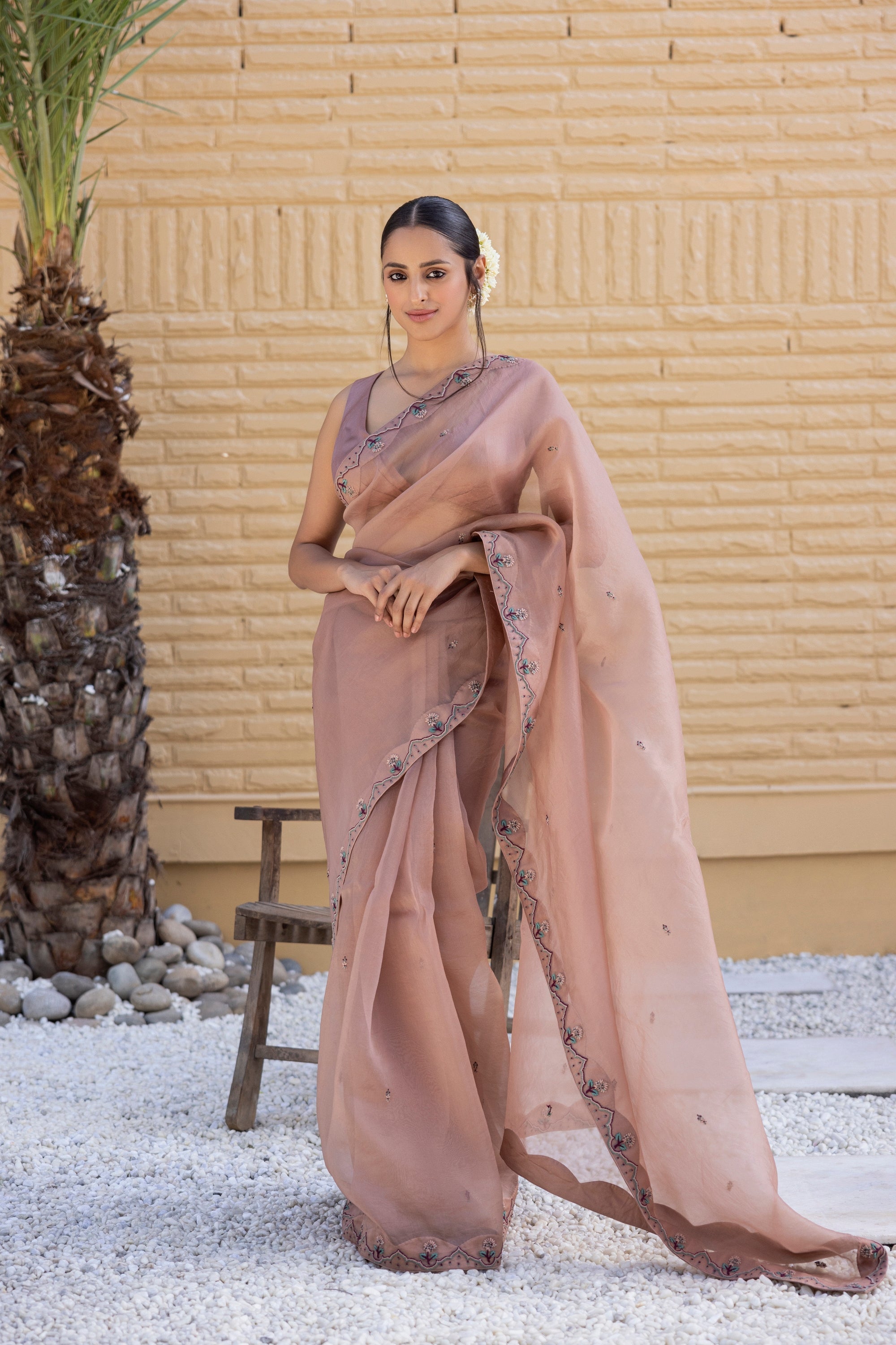 Rose gold Organza Saree Comes With green chanderi  Blouse and organza cape & Organic Cotton Stitched Petticoat (4 PCS)