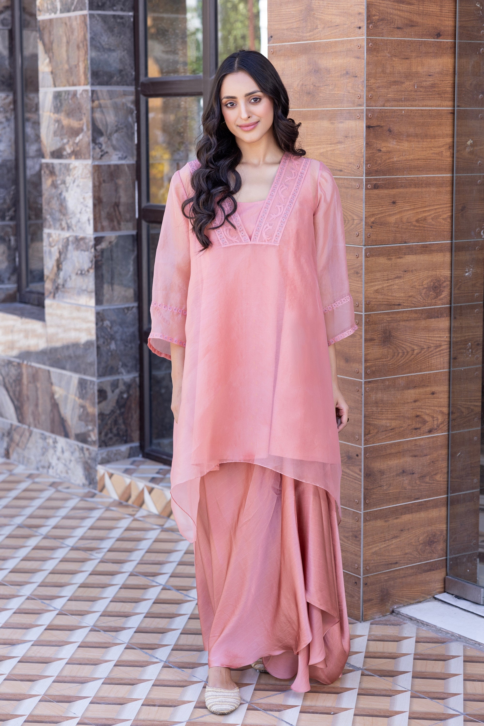 Peach Organza Kaftan Set