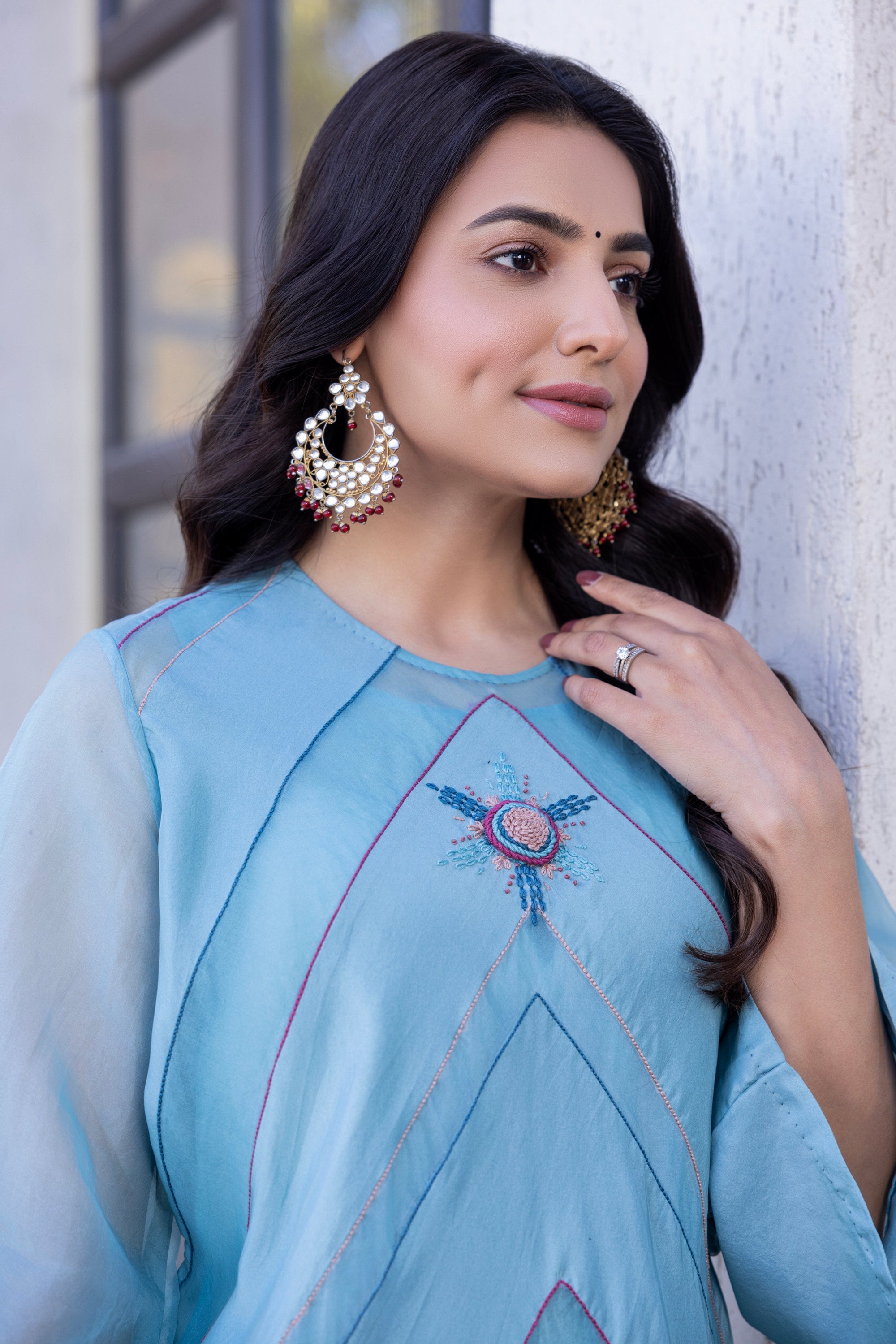 Sky Blue Organza Silk Kaftan Set