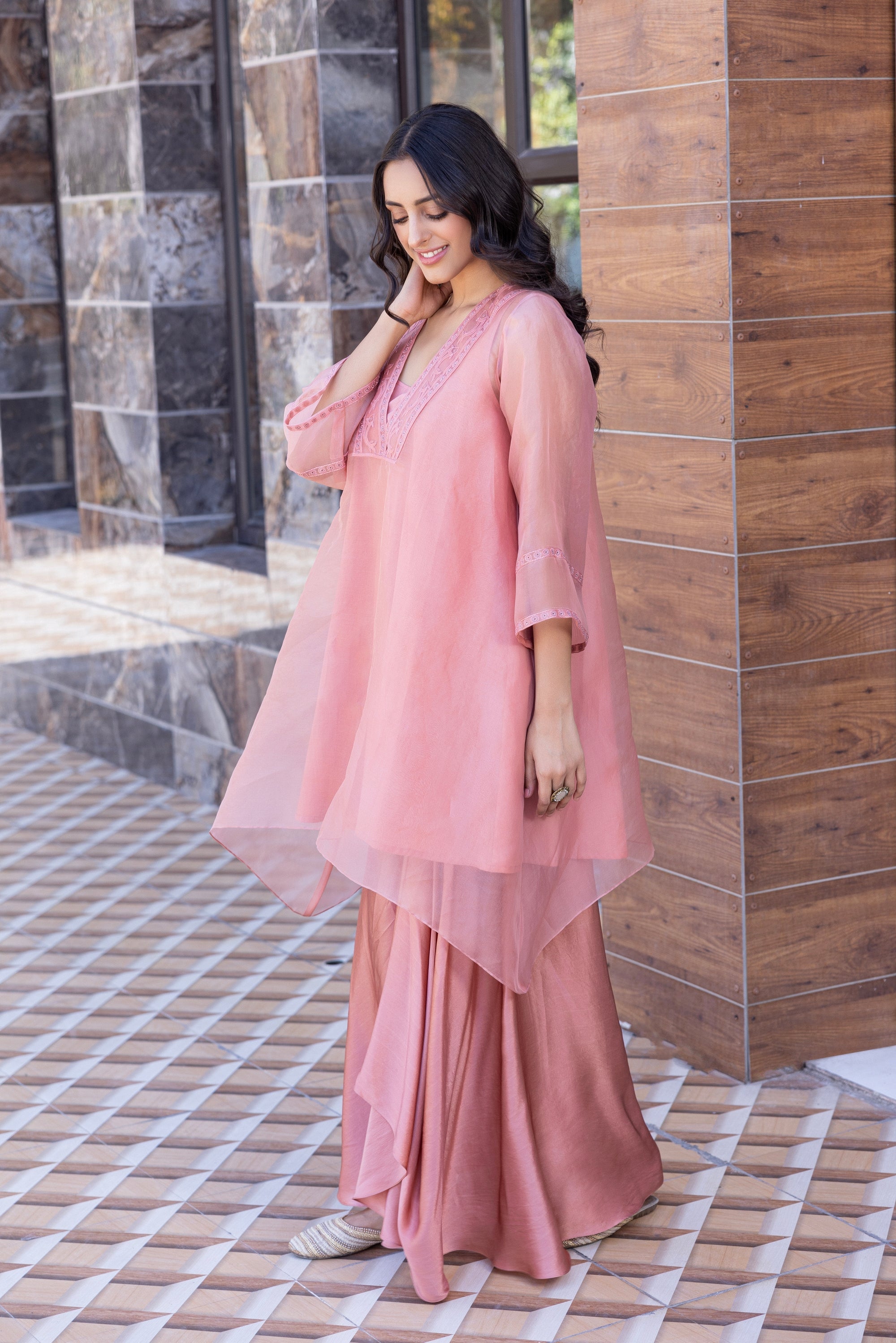 Peach Organza Kaftan Set