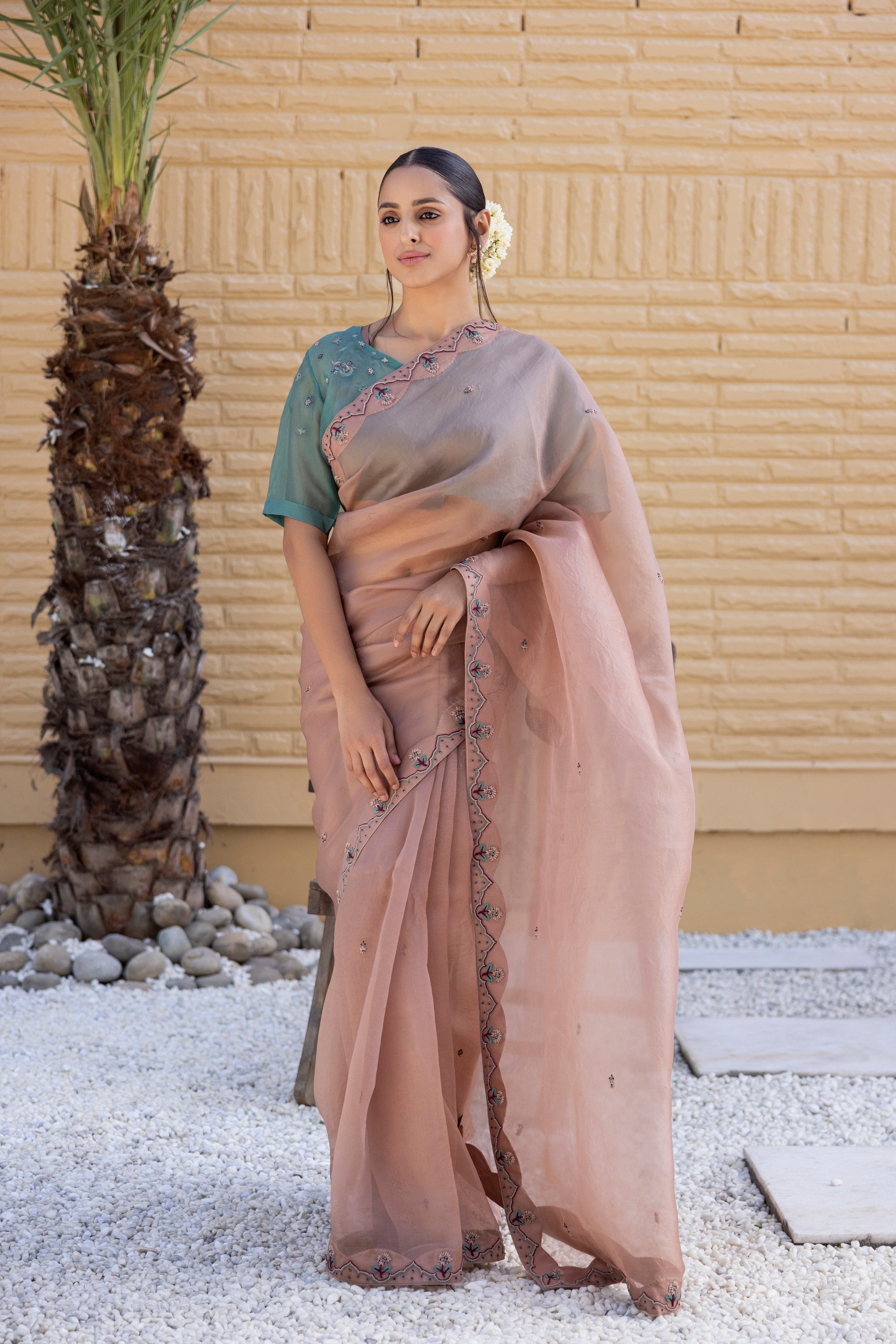 Rose gold Organza Saree Comes With green chanderi  Blouse and organza cape & Organic Cotton Stitched Petticoat (4 PCS)