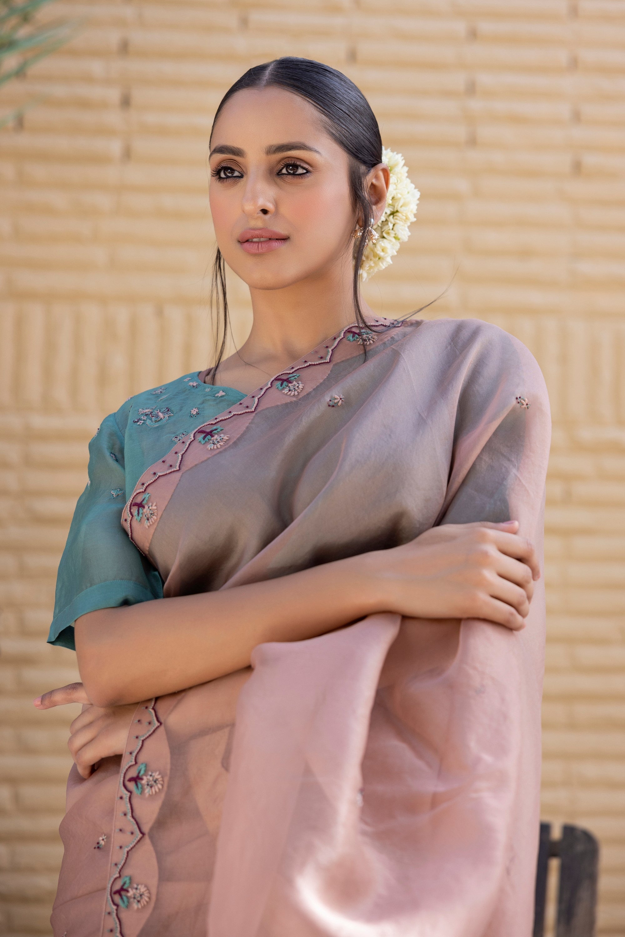 Rose gold Organza Saree Comes With green chanderi  Blouse and organza cape & Organic Cotton Stitched Petticoat (4 PCS)