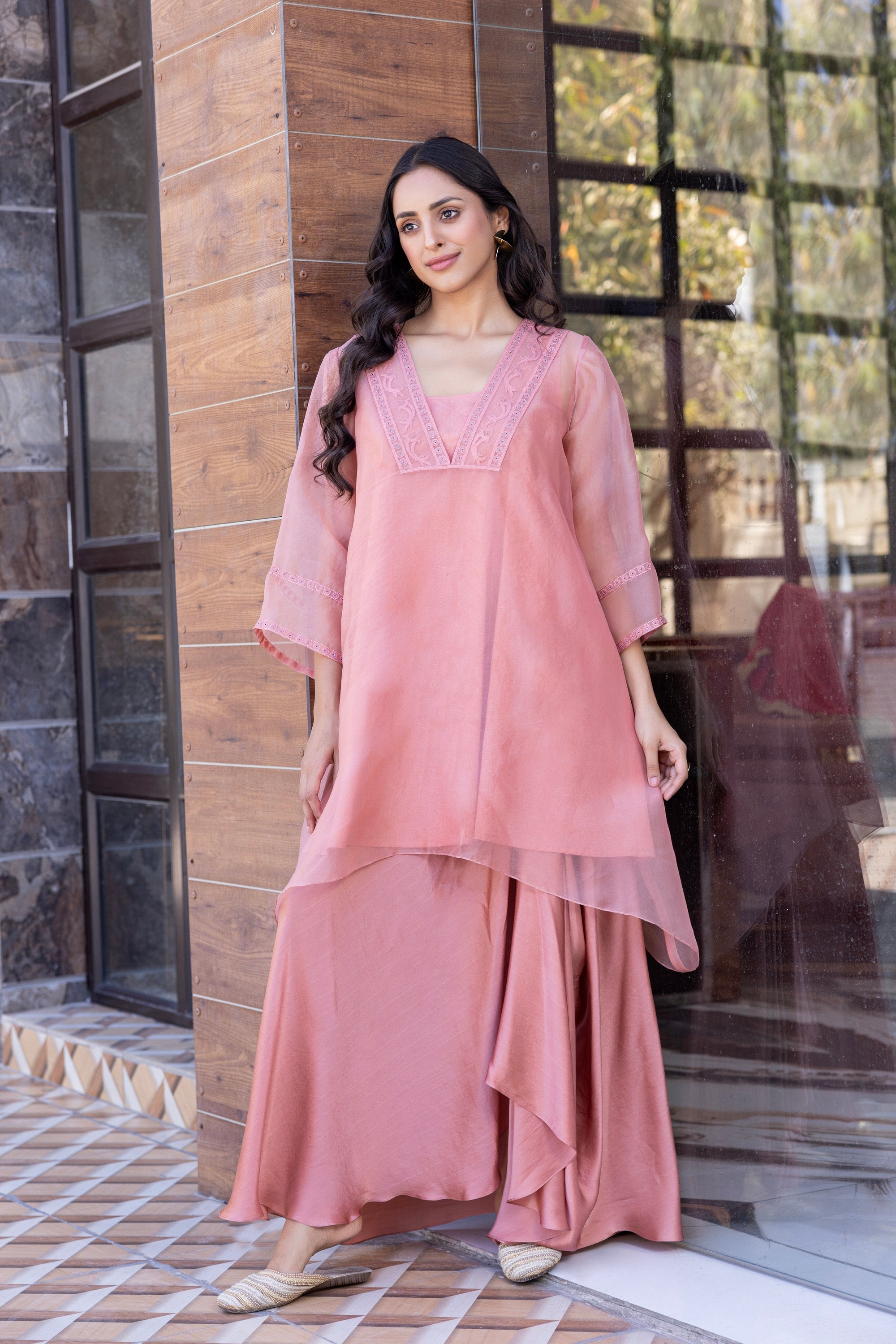 Peach Organza Kaftan Set