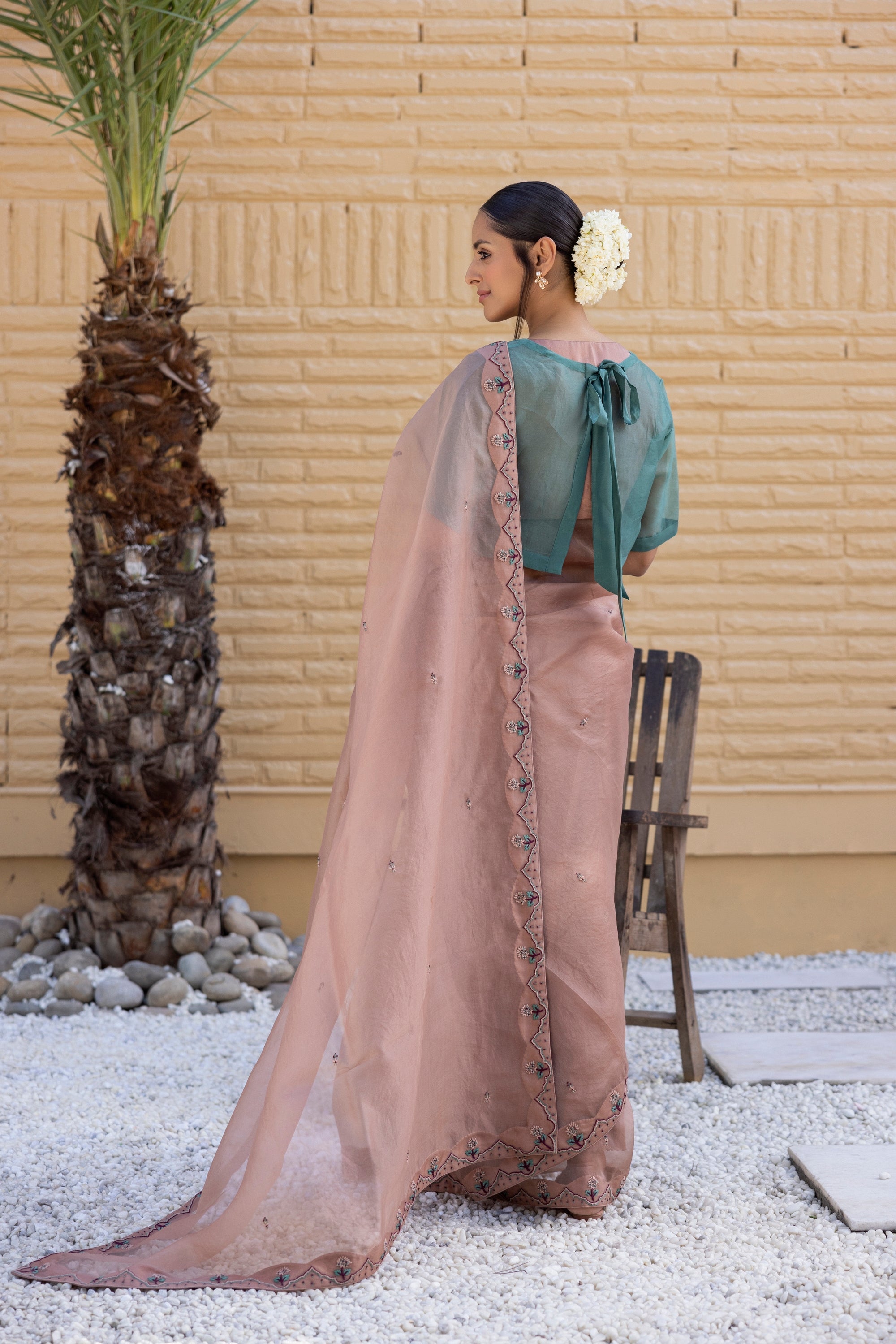 Rose gold Organza Saree Comes With green chanderi  Blouse and organza cape & Organic Cotton Stitched Petticoat (4 PCS)