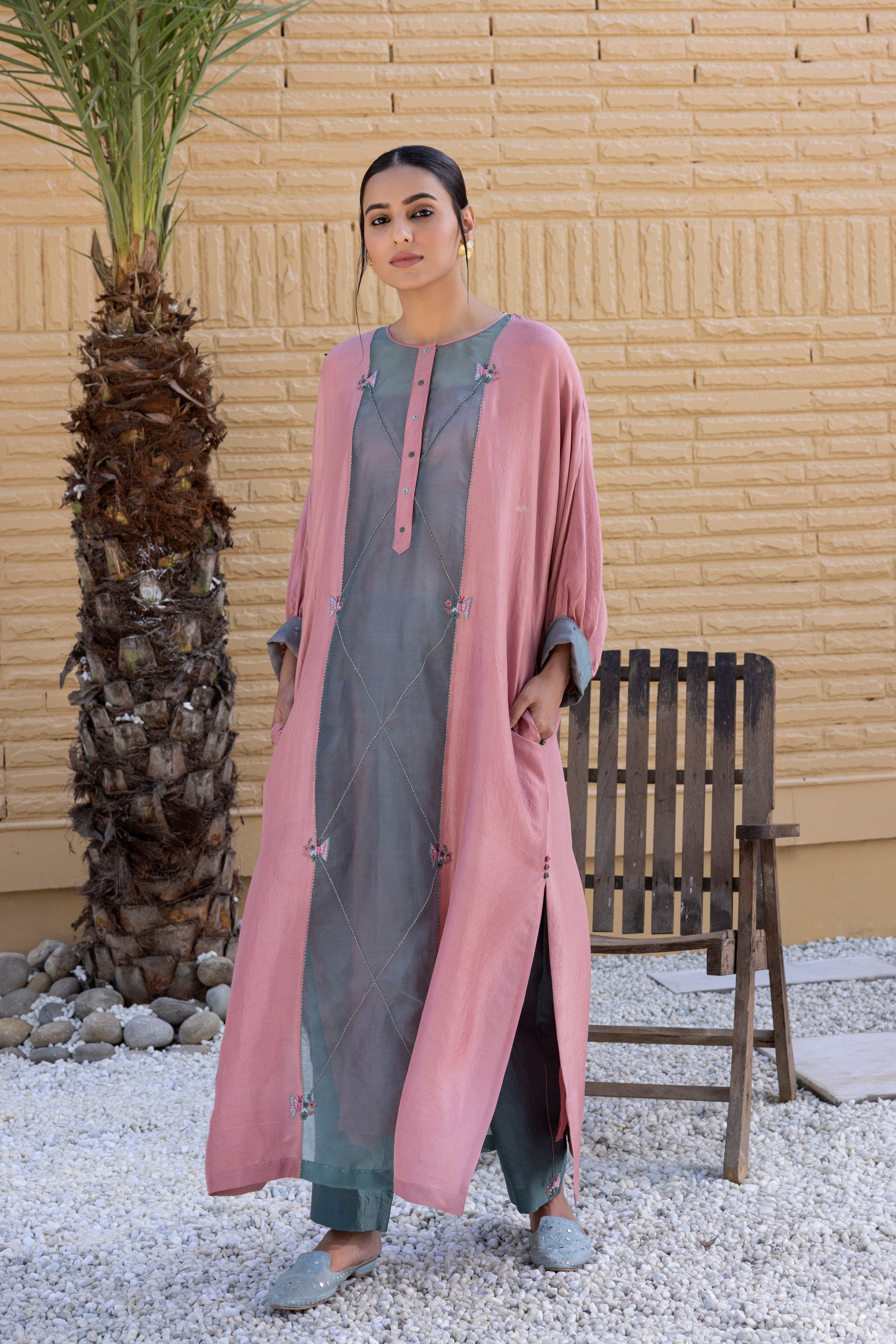 Baby pink and sea green organza-silk kaftan set