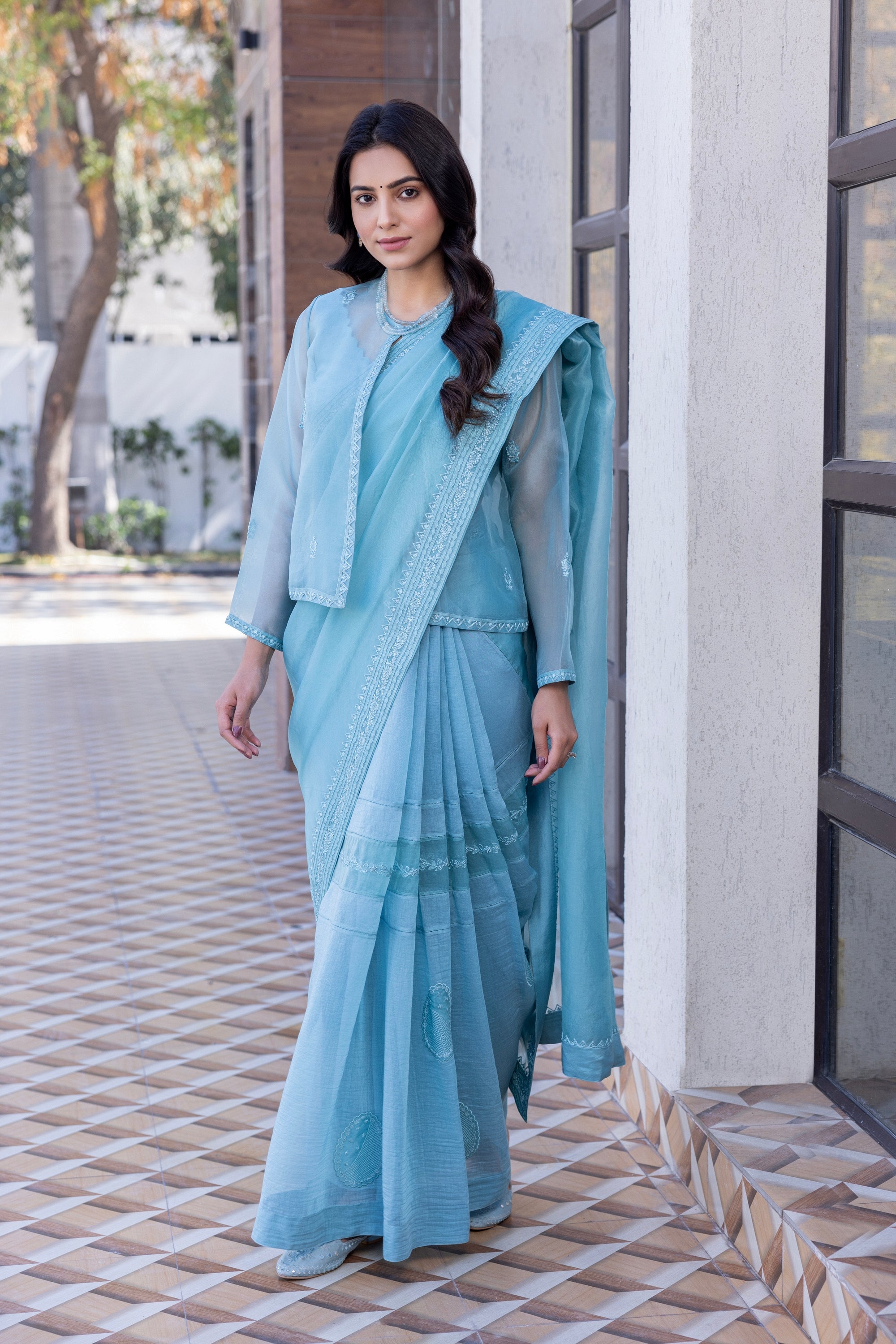 Sky blue chanderi embroidered  Saree Comes with  chanderi Stitched Blouse and organza embroidered short jacket& Organic Cotton Stitched Petticoat (4 Pcs)