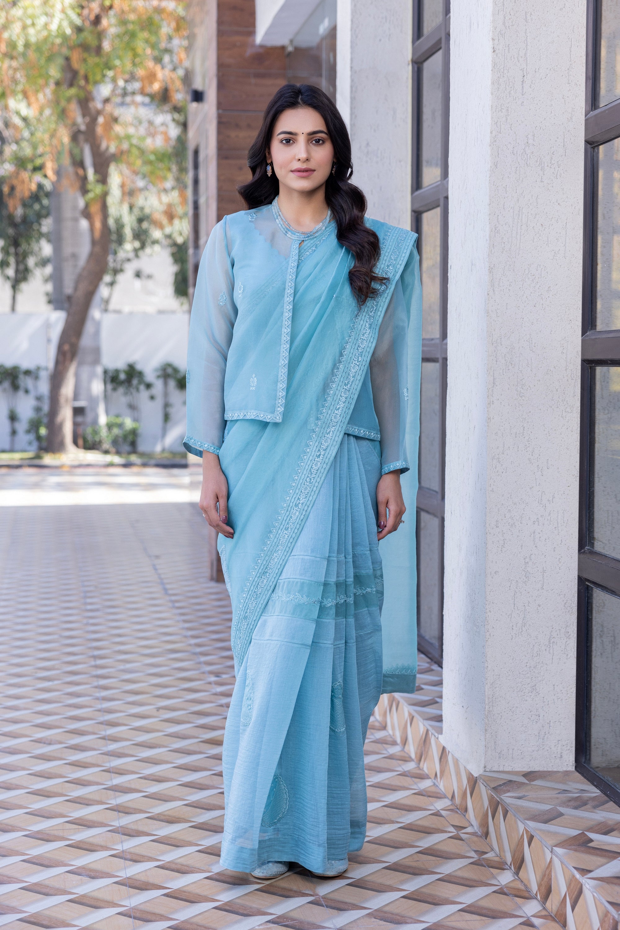 Sky blue chanderi embroidered  Saree Comes with  chanderi Stitched Blouse and organza embroidered short jacket& Organic Cotton Stitched Petticoat (4 Pcs)