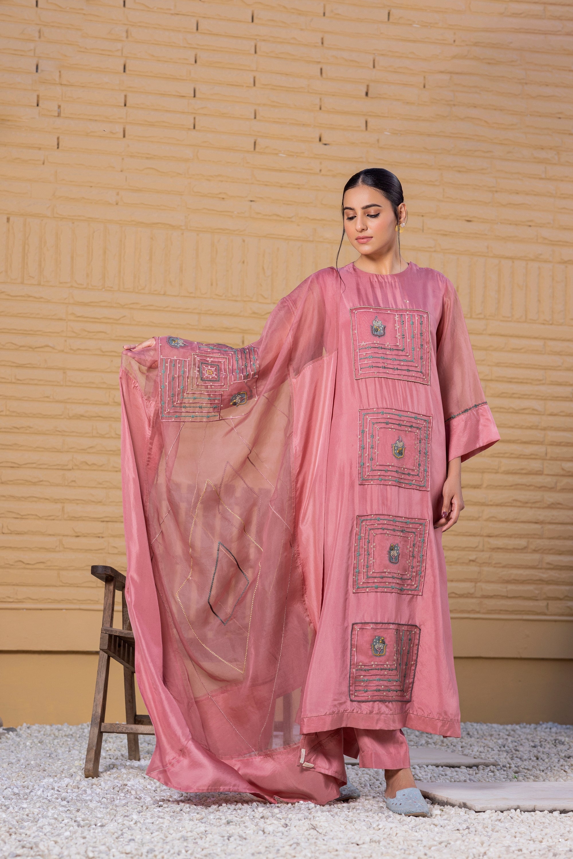 Pink Silk Kaftan Set