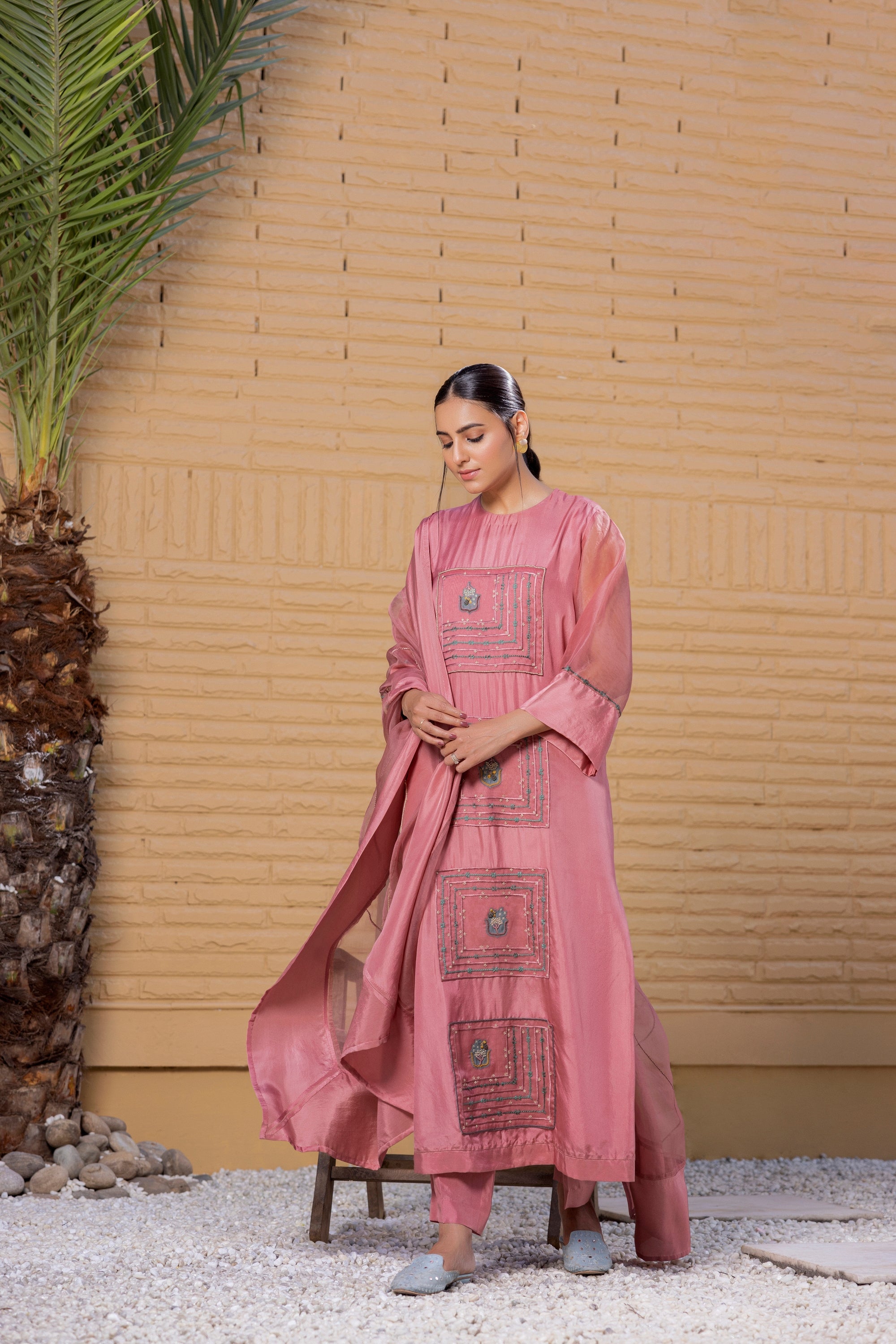 Pink Silk Kaftan Set