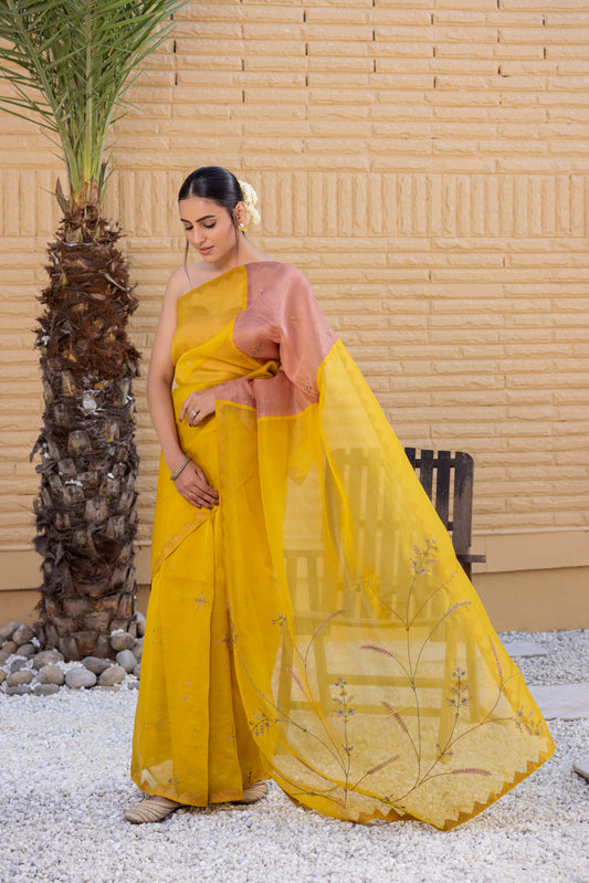 Yellow Organza Silk Saree Comes With Pink Satin Silk Stitched Embroidered Blouse & Organic Cotton Stitched Petticoat