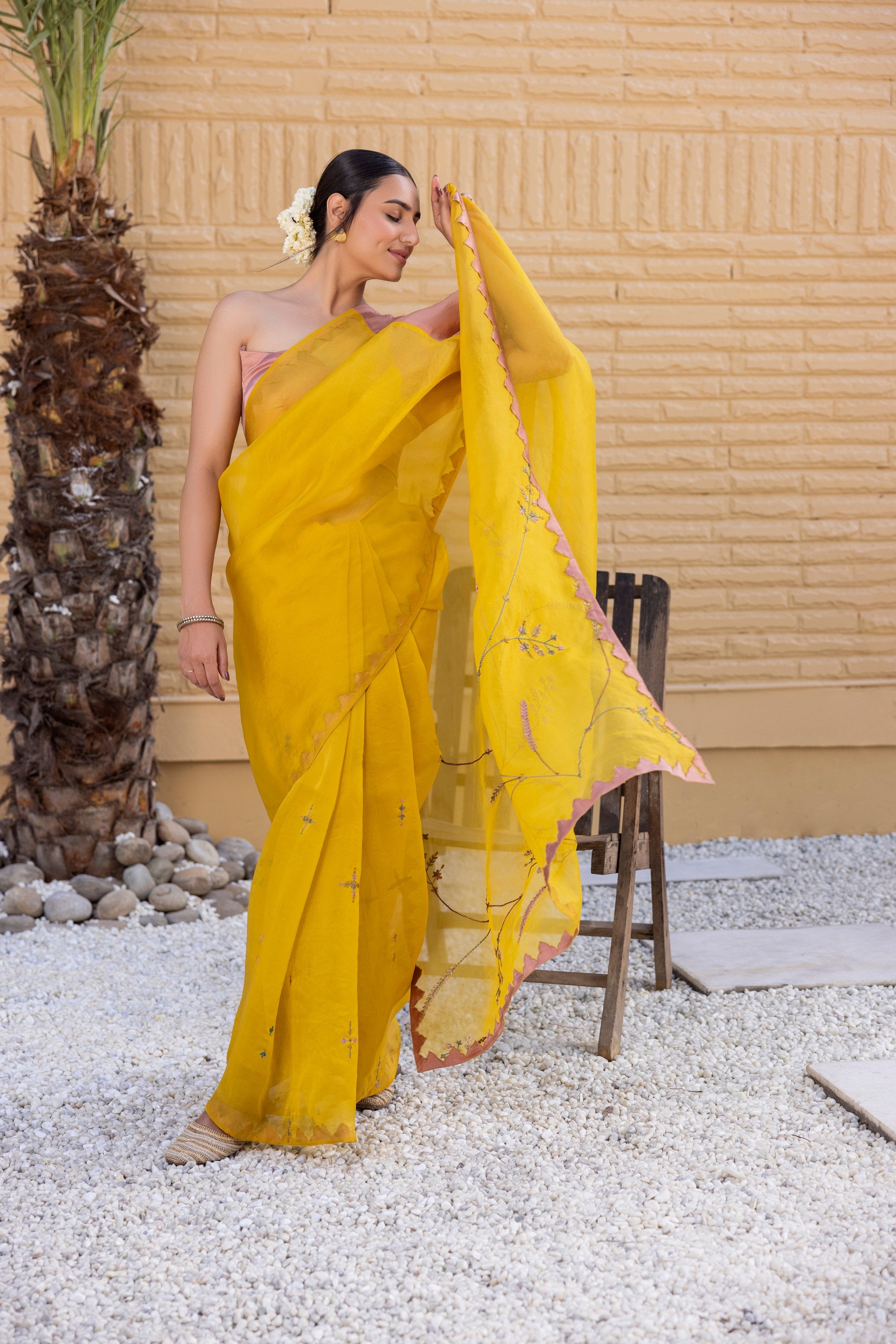 Yellow Organza Silk Saree Comes With Pink Satin Silk Stitched Blouse & Organic Cotton Stitched Petticoat (3PCS)