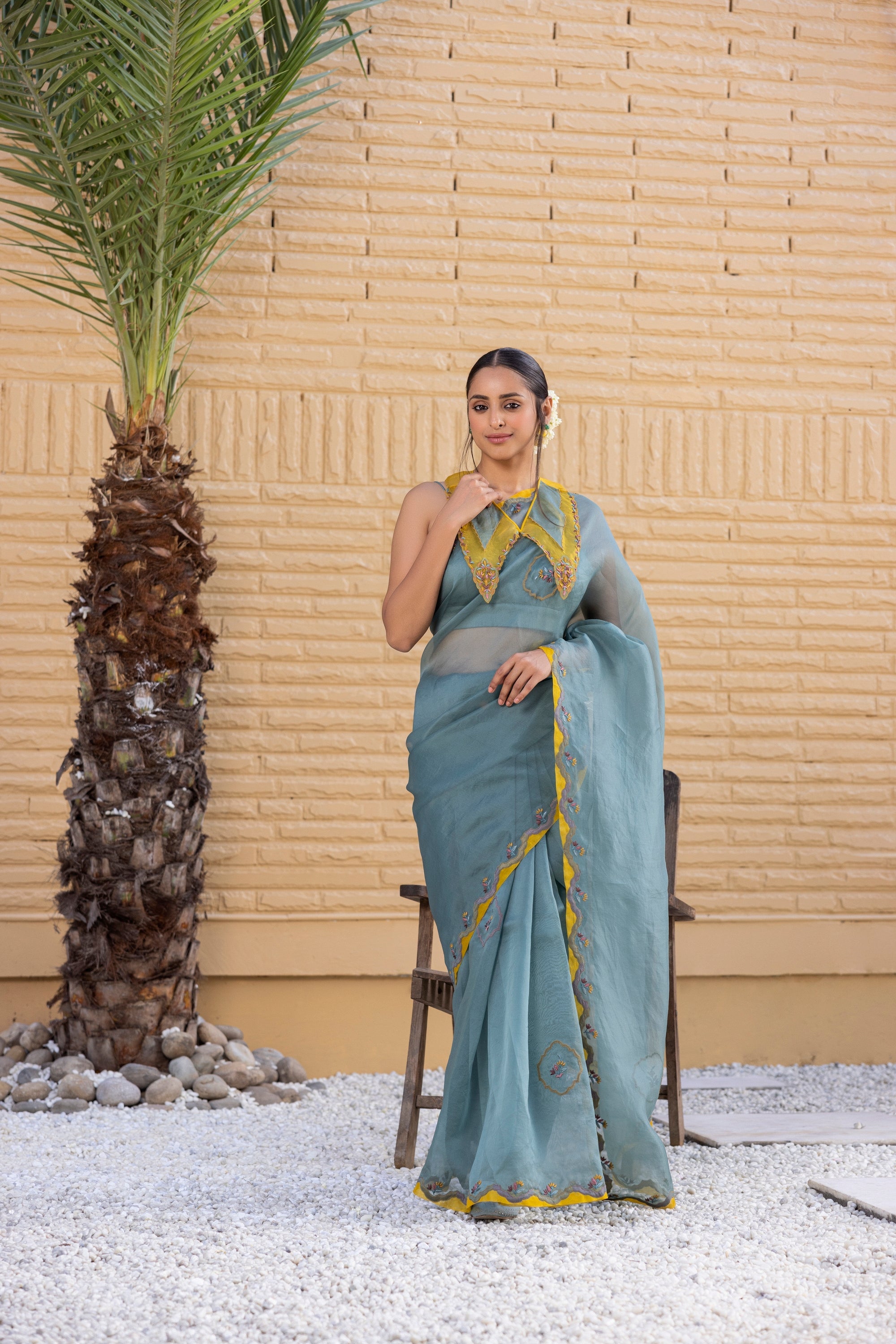 Teal Organza Saree Comes With Satin Silk Stitched Blouse & Organic Cotton Stitched Petticoat