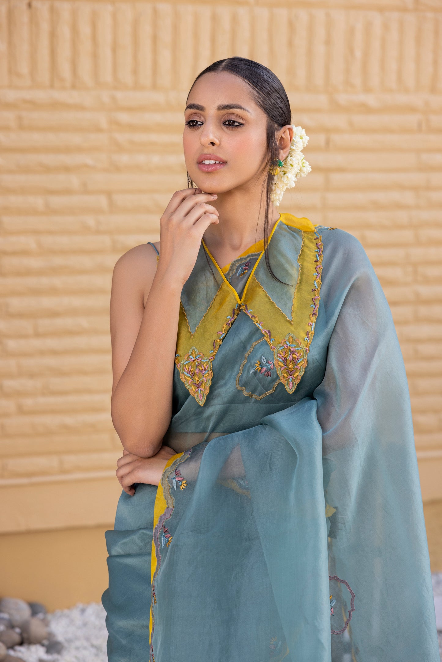 Teal Organza Saree Comes With Satin Silk Stitched Blouse & Organic Cotton Stitched Petticoat