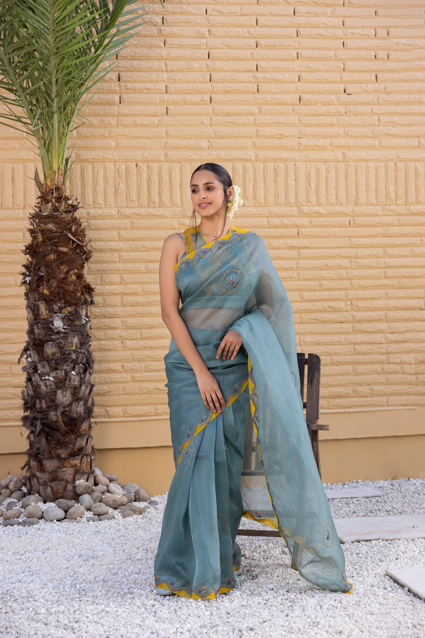 Teal Organza Saree Comes With Satin Silk Stitched Blouse & Organic Cotton Stitched Petticoat