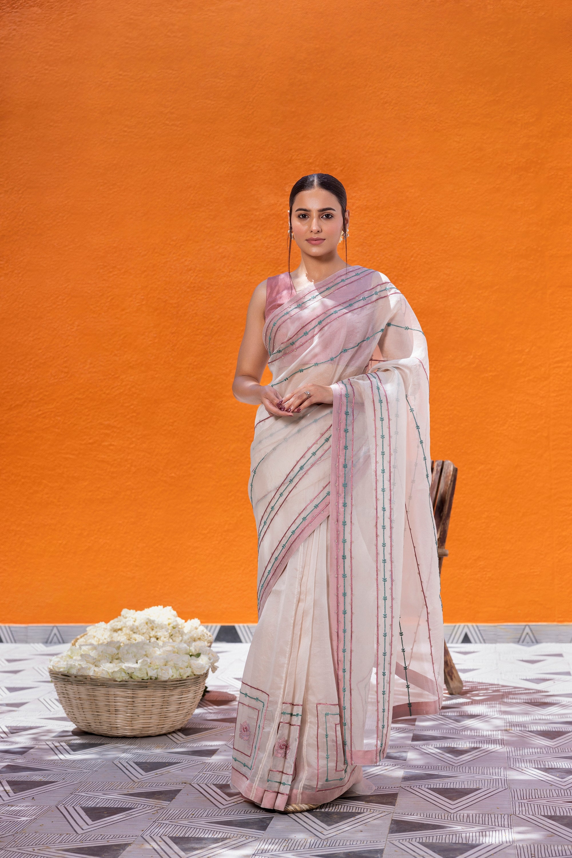 Ivory Organza Saree Comes With Pink Silk Blouse & Organic Cotton Stitched Petticoat (3 PCS)