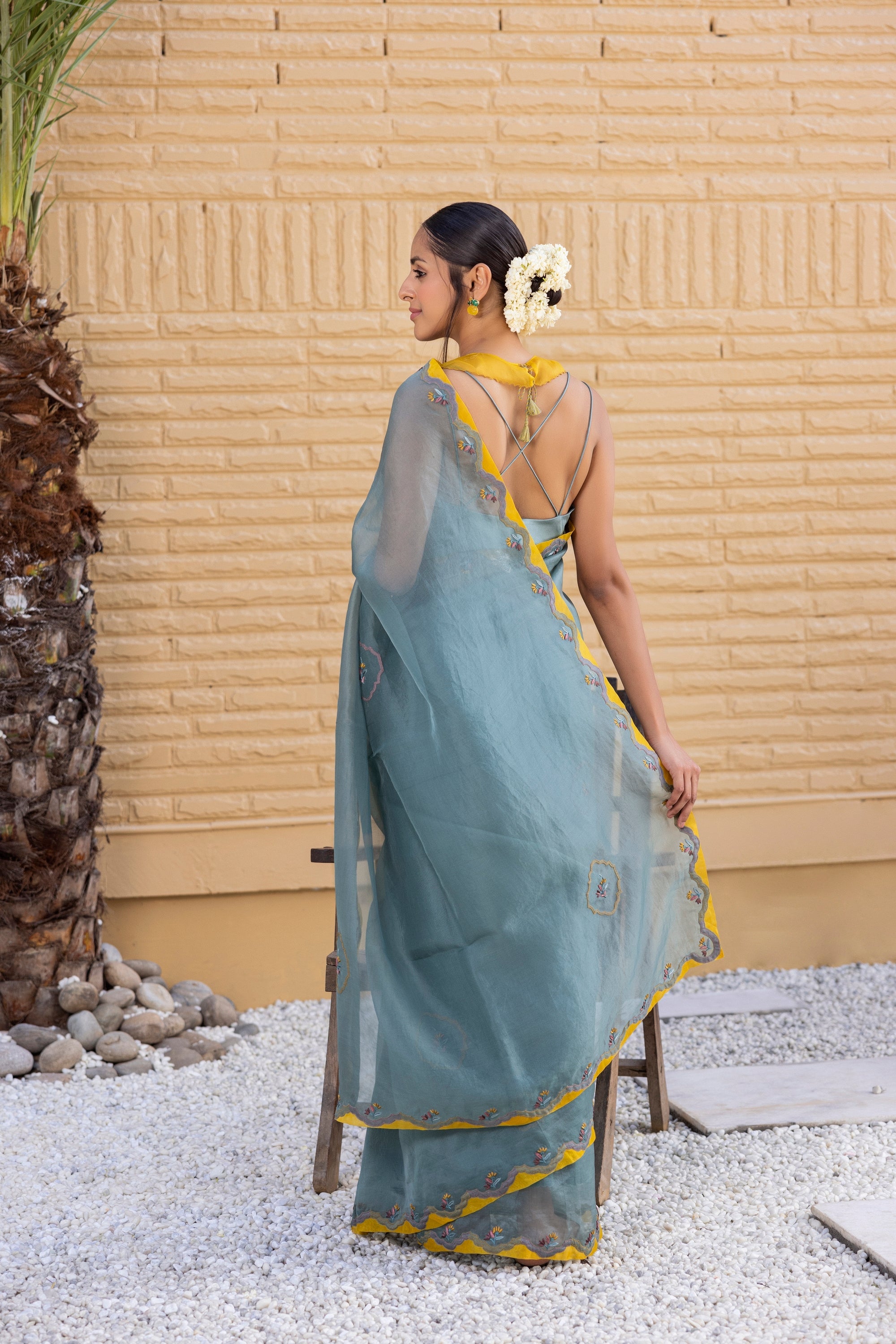 Teal Organza Saree Comes With Satin Silk Stitched Blouse & Organic Cotton Stitched Petticoat