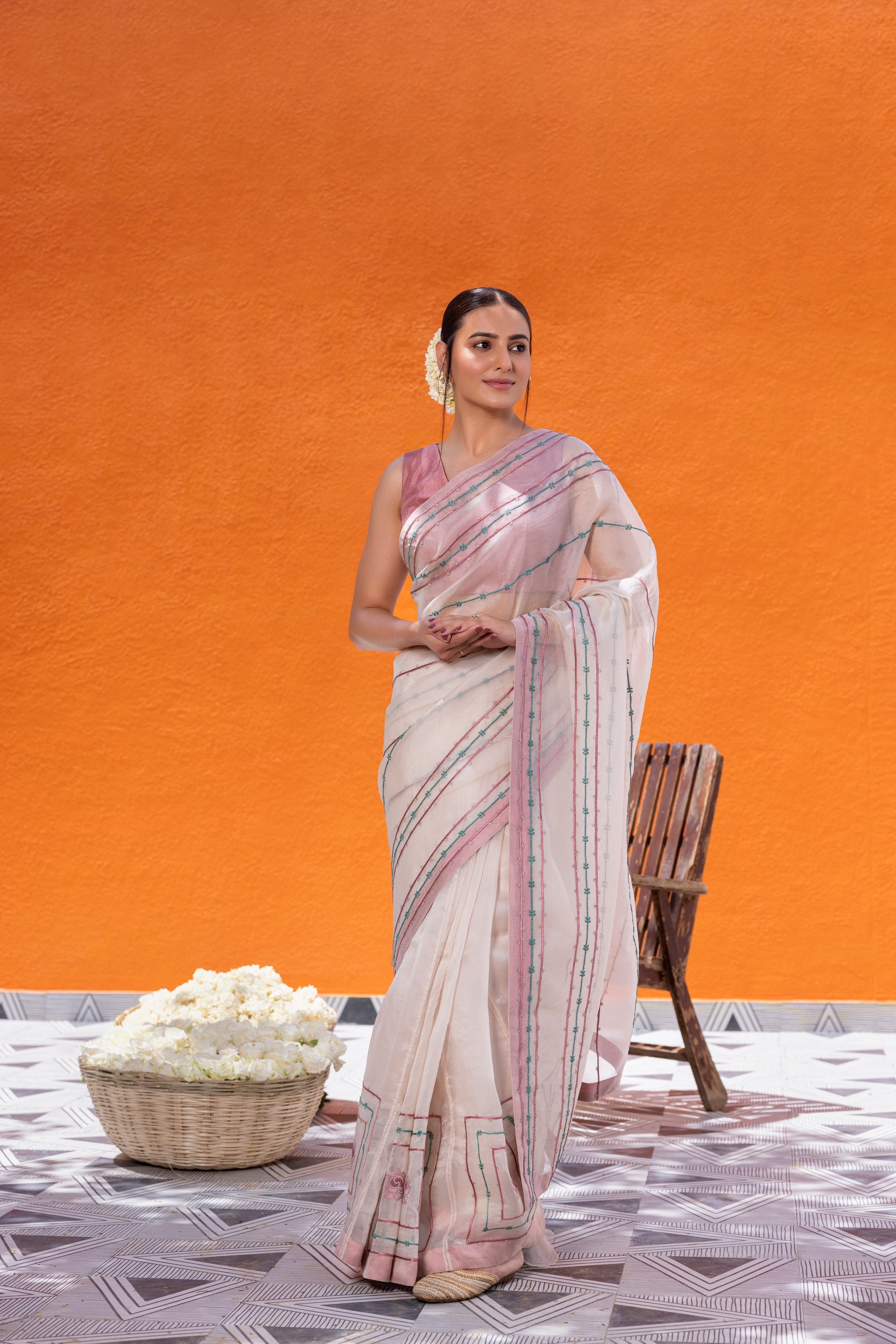 Ivory Organza Saree Comes With Pink Silk Blouse & Organic Cotton Stitched Petticoat (3 PCS)