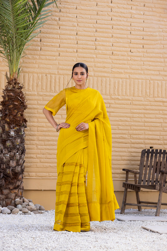 Yellow Chanderi Saree Comes With Silk Embroidered Blouse & Organic Cotton Stitched Petticoat
