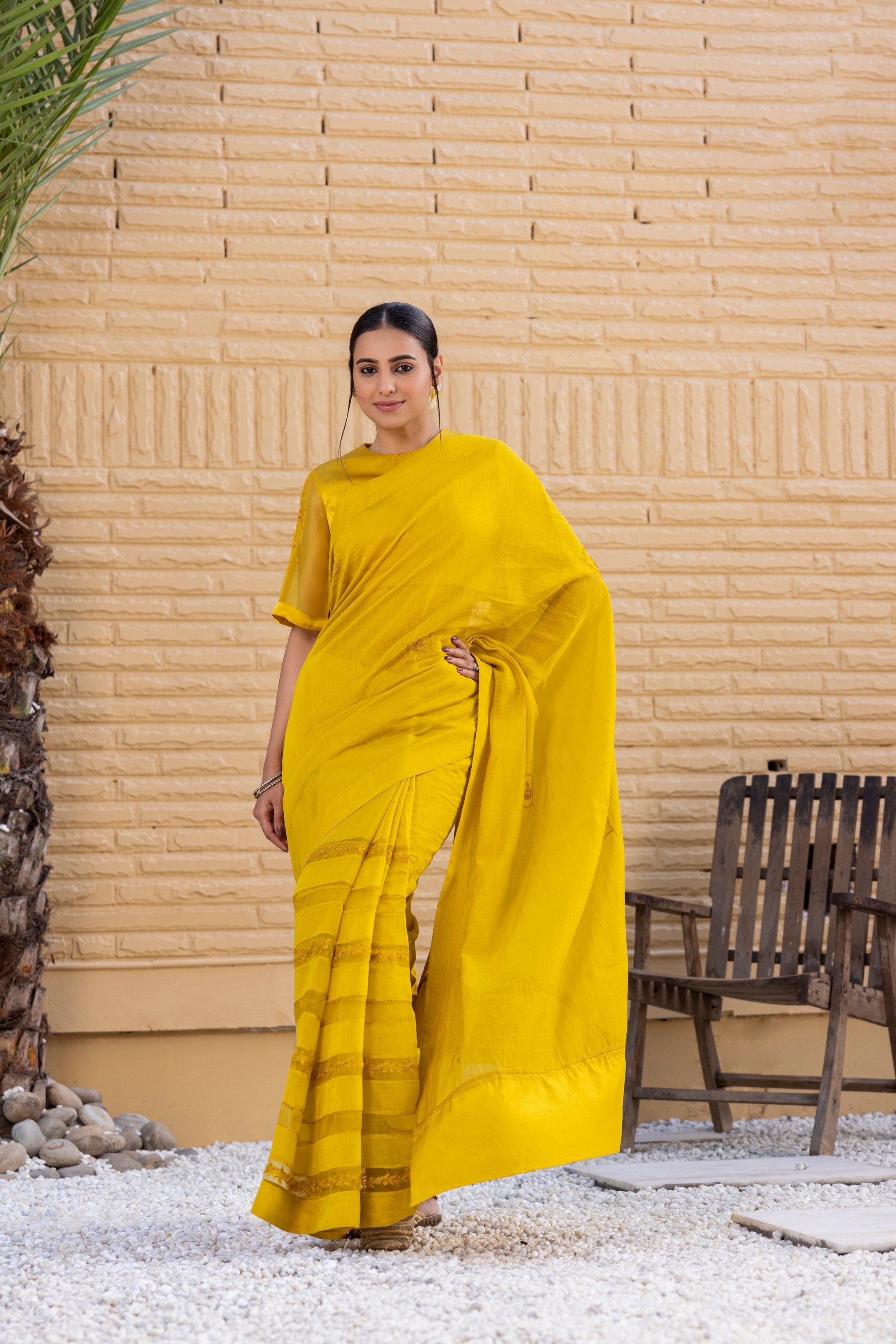 Yellow Chanderi Saree Comes With Silk Embroidered Blouse & Organic Cotton Stitched Petticoat