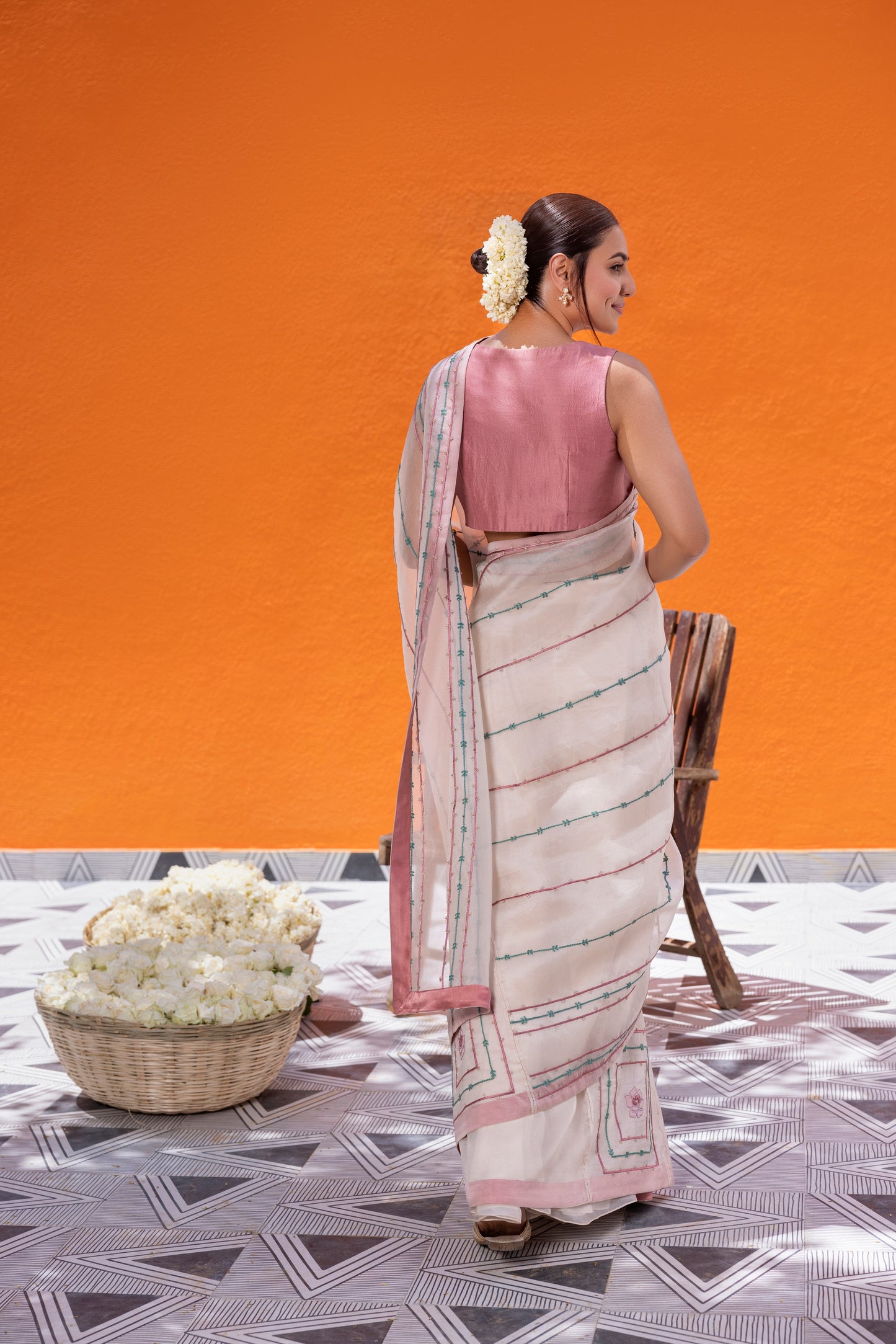 Ivory Organza Saree Comes With Pink Silk Blouse & Organic Cotton Stitched Petticoat