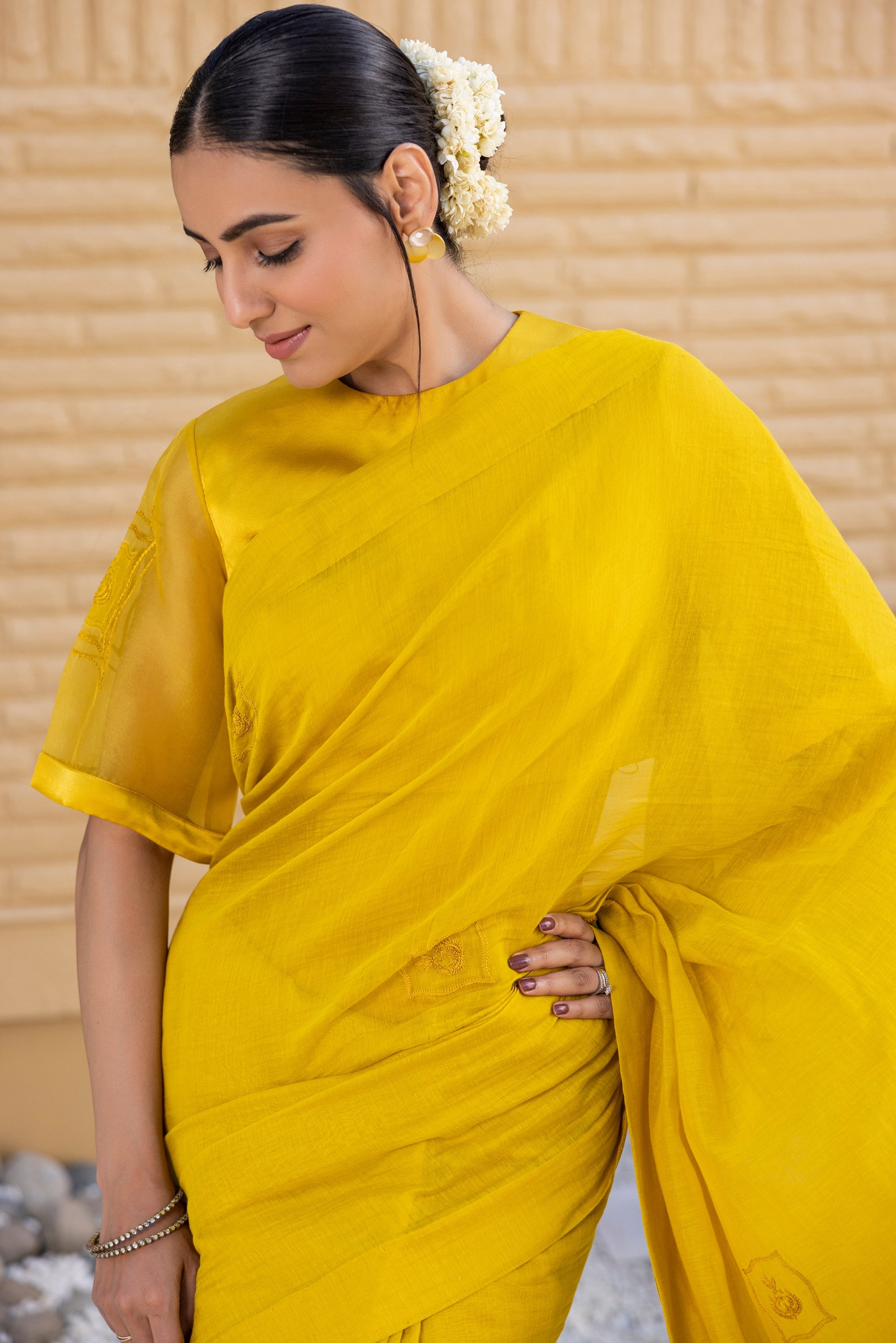 Yellow Chanderi Saree Comes With Silk Embroidered Blouse & Organic Cotton Stitched Petticoat