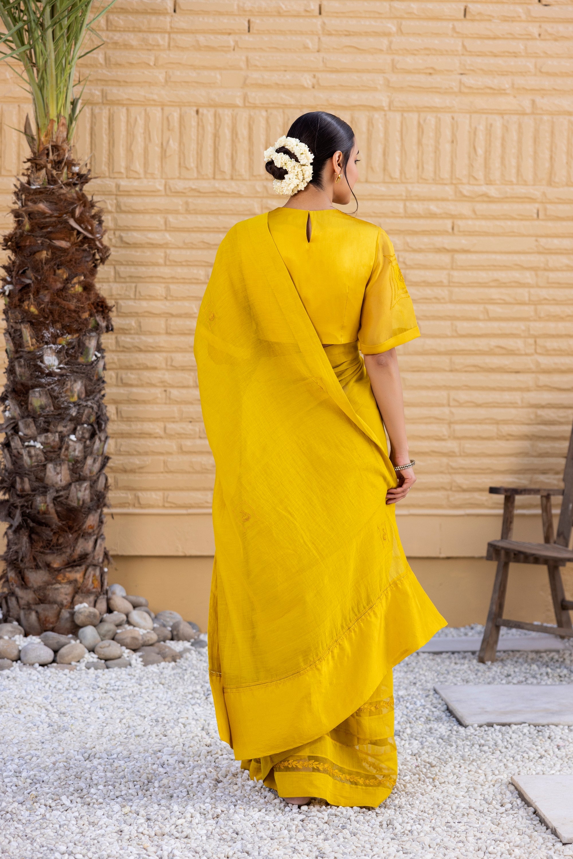 Yellow Chanderi Saree Comes With Silk Embroidered Blouse & Organic Cotton Stitched Petticoat