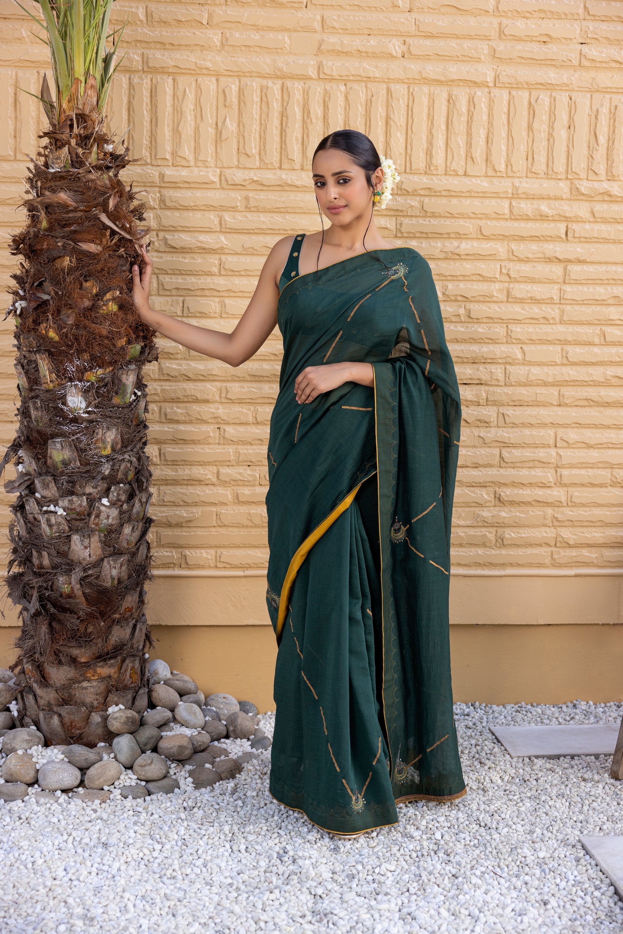 Emerald Green Chanderi Saree Comes With Chanderi Blouse & Organic Cotton Stitched Petticoat