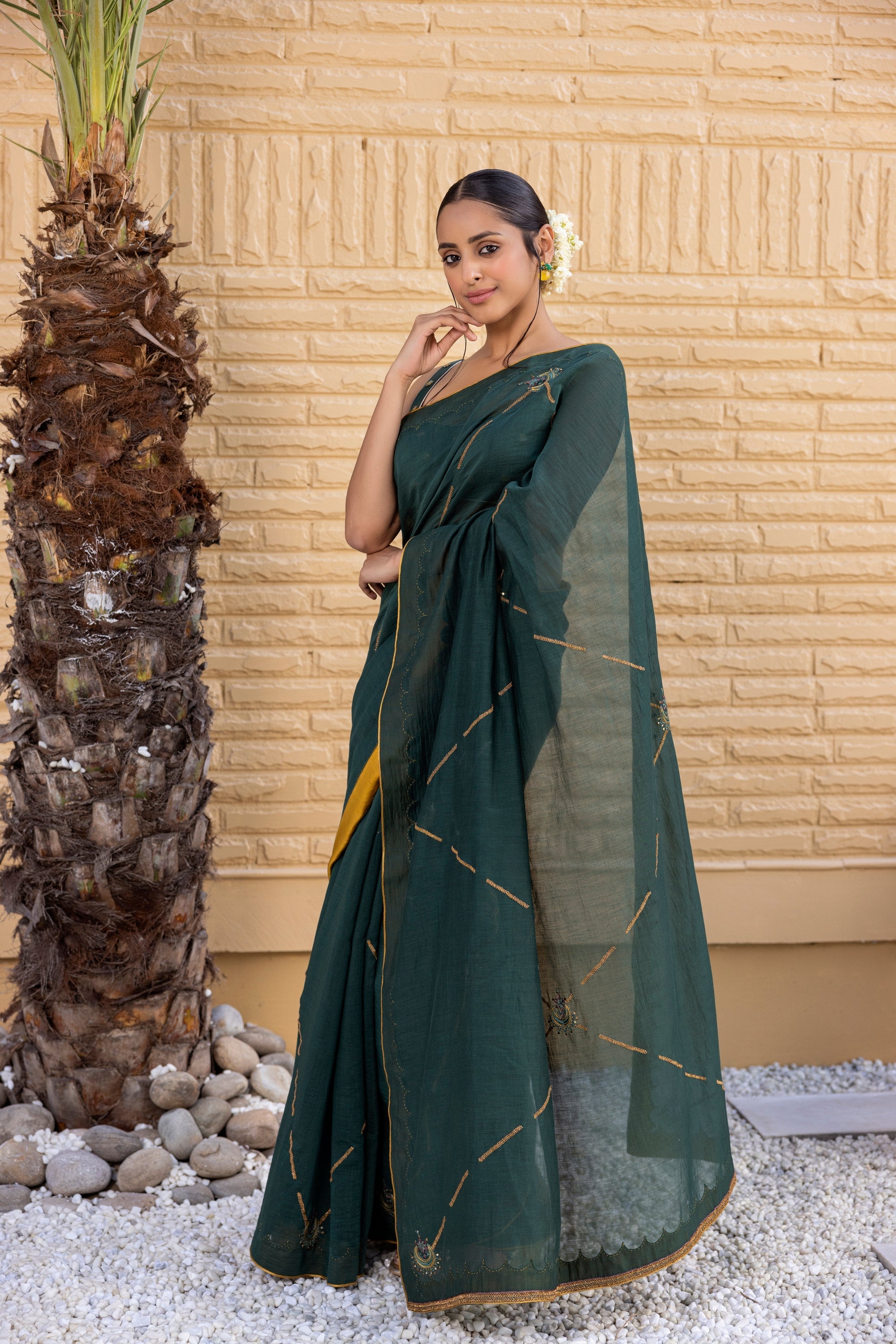 Emerald Green Chanderi Saree Comes With Chanderi Blouse & Organic Cotton Stitched Petticoat