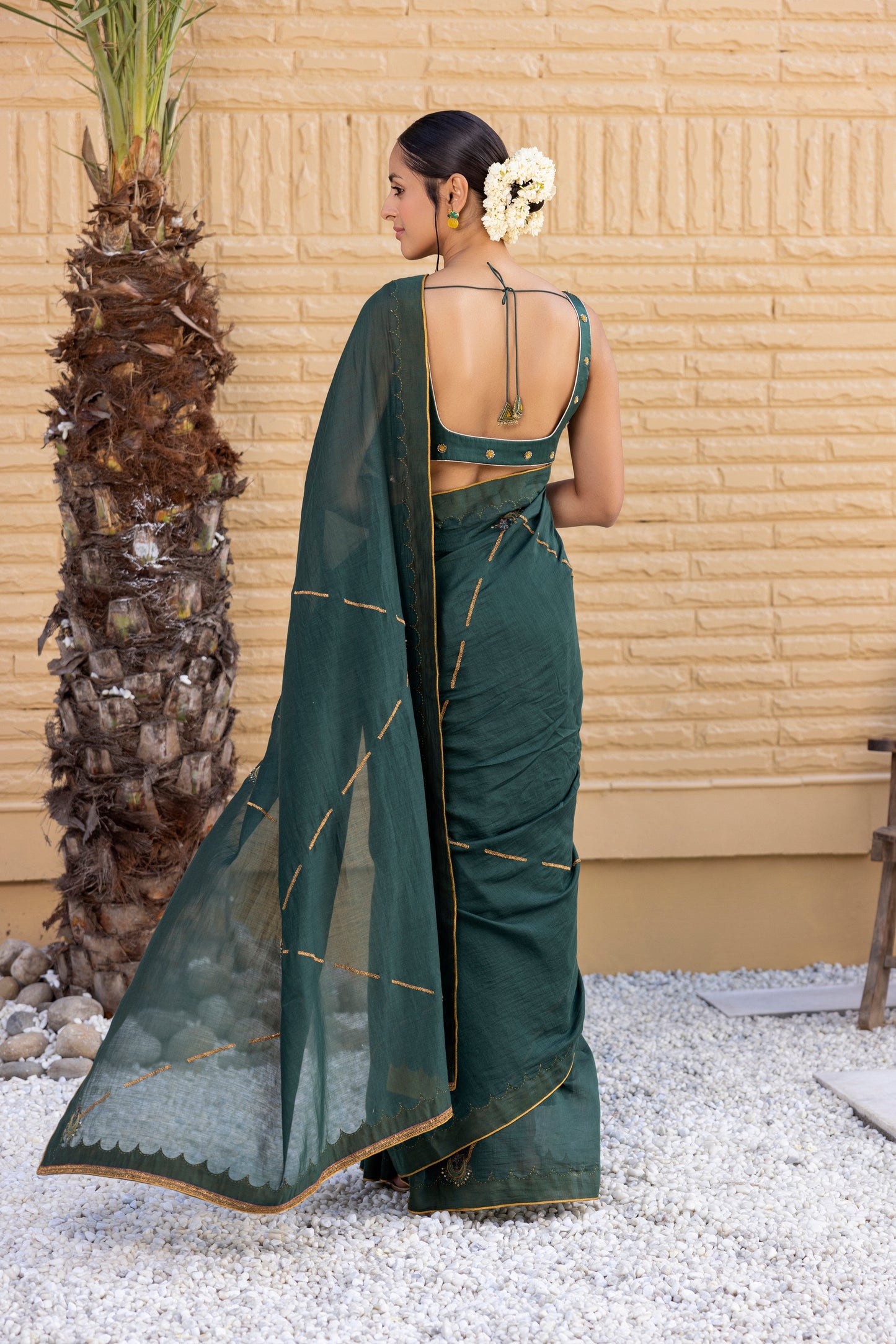 Emerald Green Chanderi Saree Comes With Chanderi Blouse & Organic Cotton Stitched Petticoat