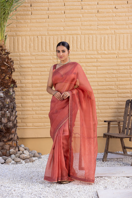 Rust Organza Saree Comes With Embroidered Blouse & Organic Cotton Stitched Petticoat